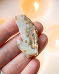 a sea jasper stone in the hand with a blurred background