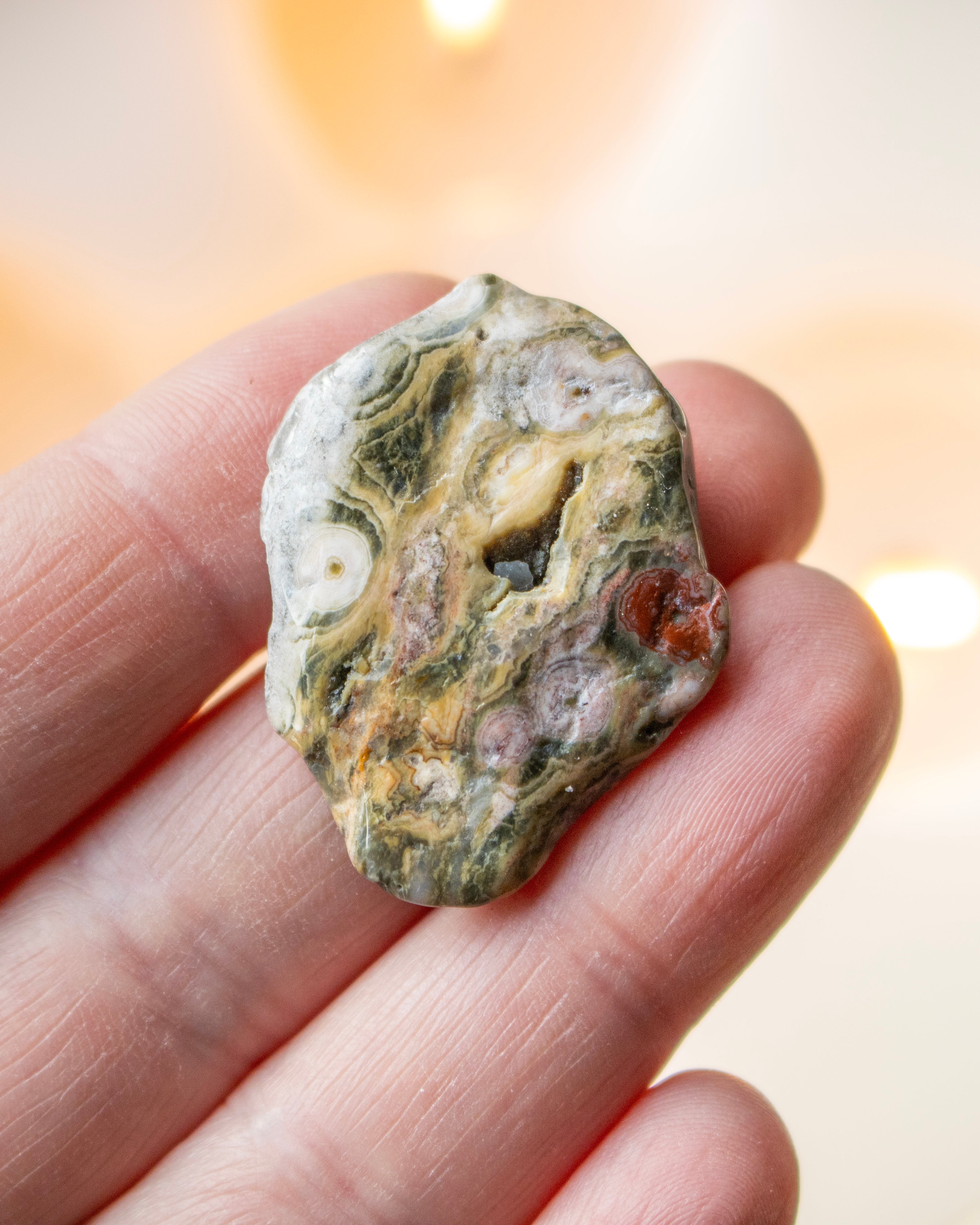 a sea jasper stone in the hand with a blurred background