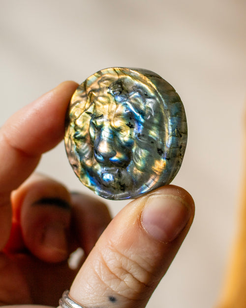 Hand holding a labradorite stone with iridescent patterns
