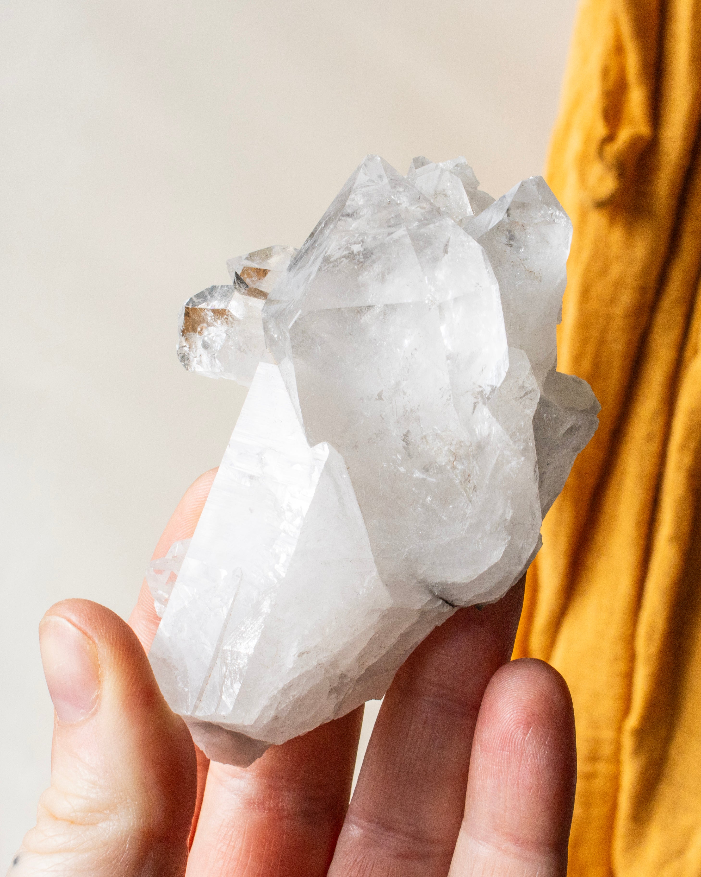 Person holding a large crystal with a neutral background