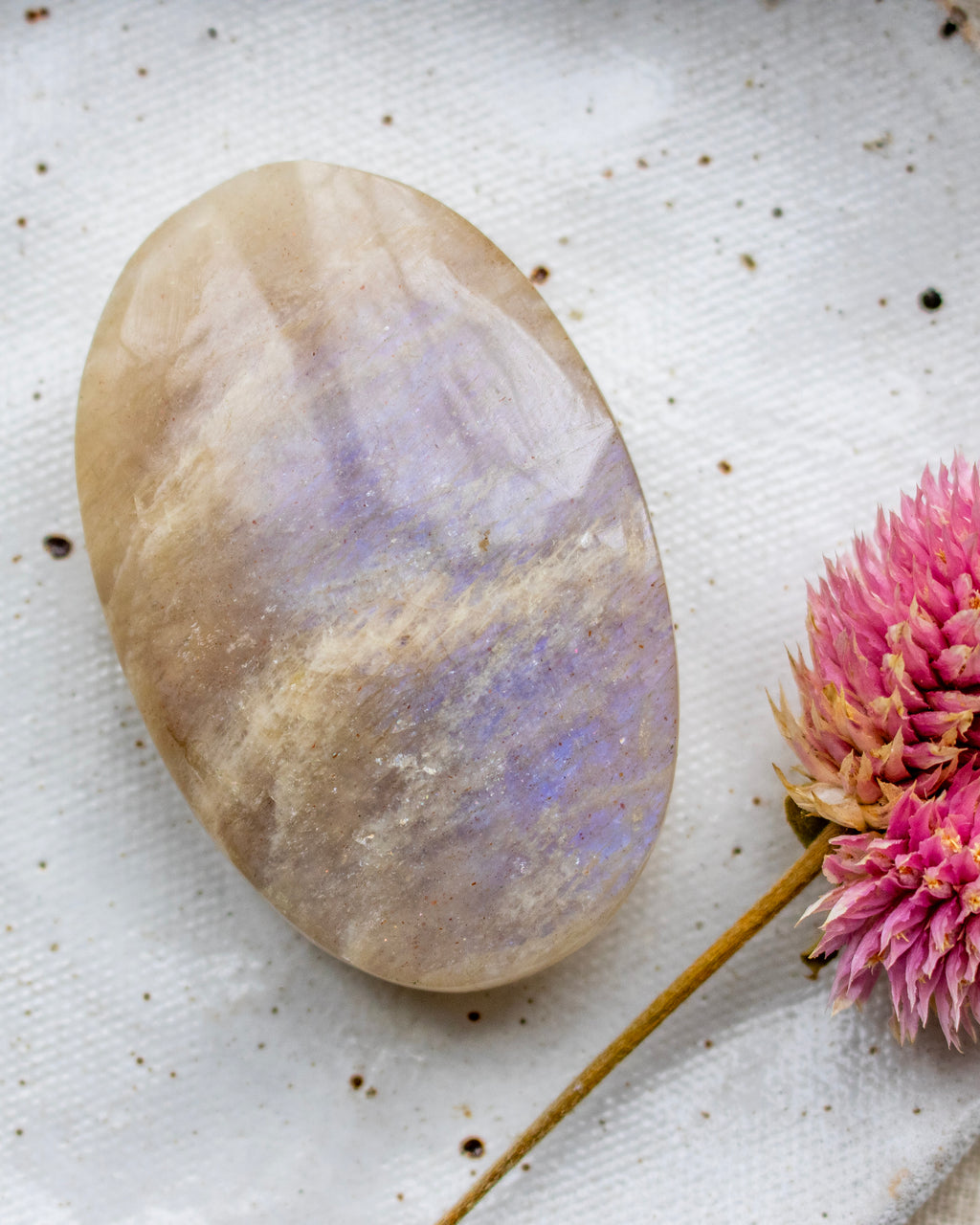 Oval-shaped stone with iridescent purple and blue colors on a textured white surface with a pink flower.