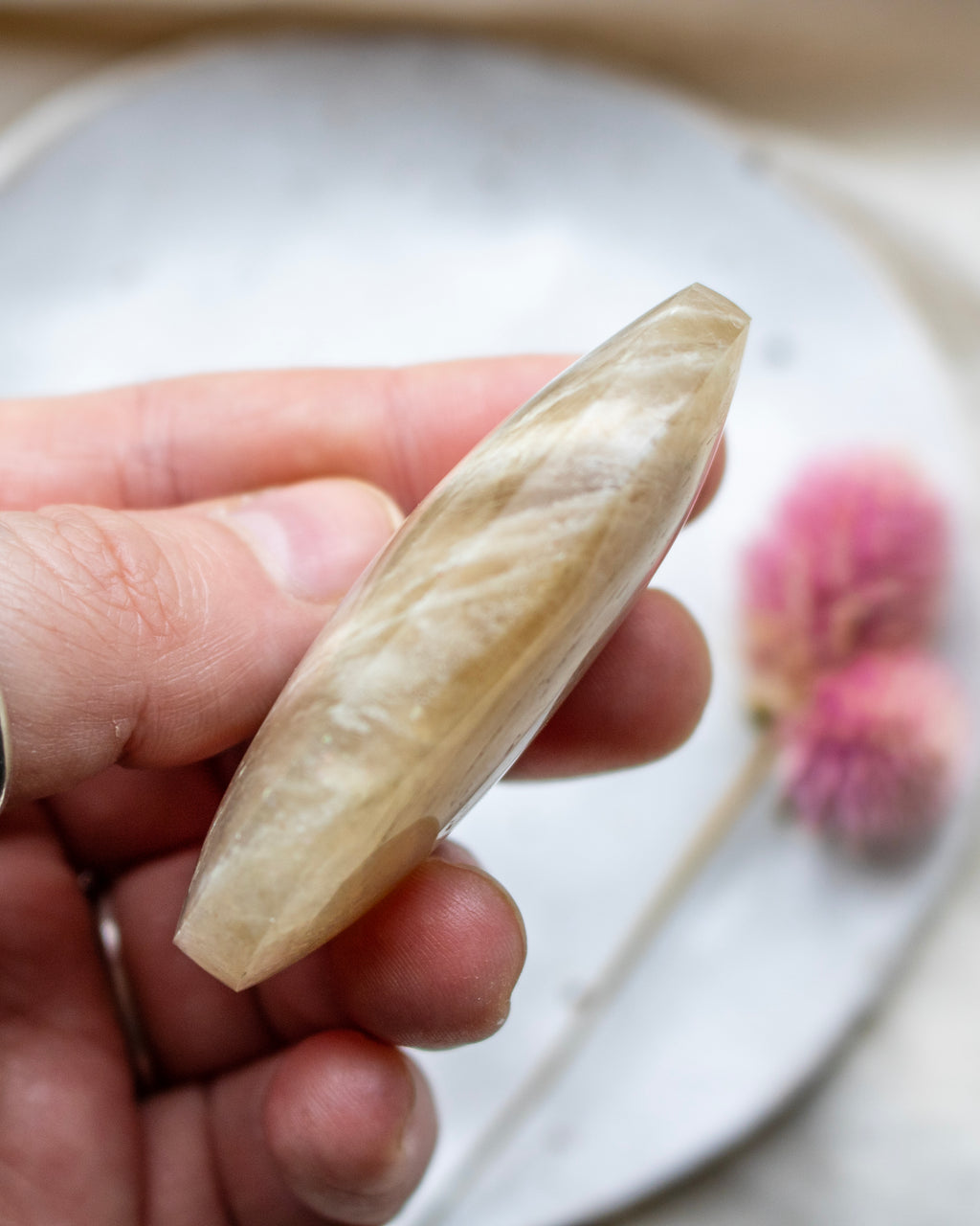 Hand holding a piece of white stone with a blurred background
