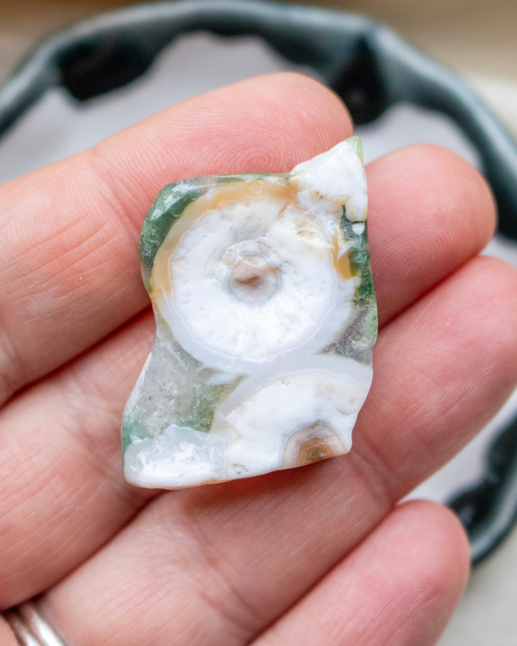 Hand holding a rough jasper stone with green and white colors