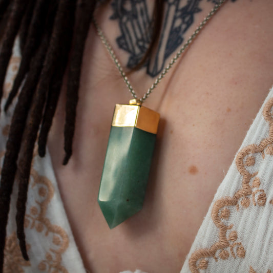 Large Green Aventurine Point Pendant, Gold Plated