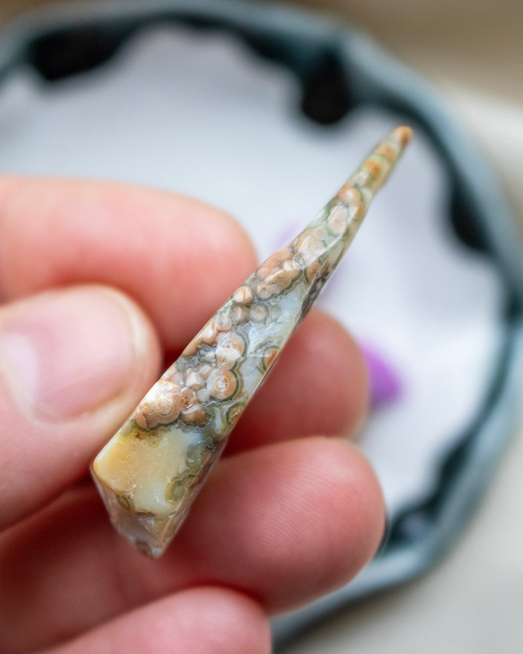 Hand holding a polished stone with a natural pattern against a blurred background