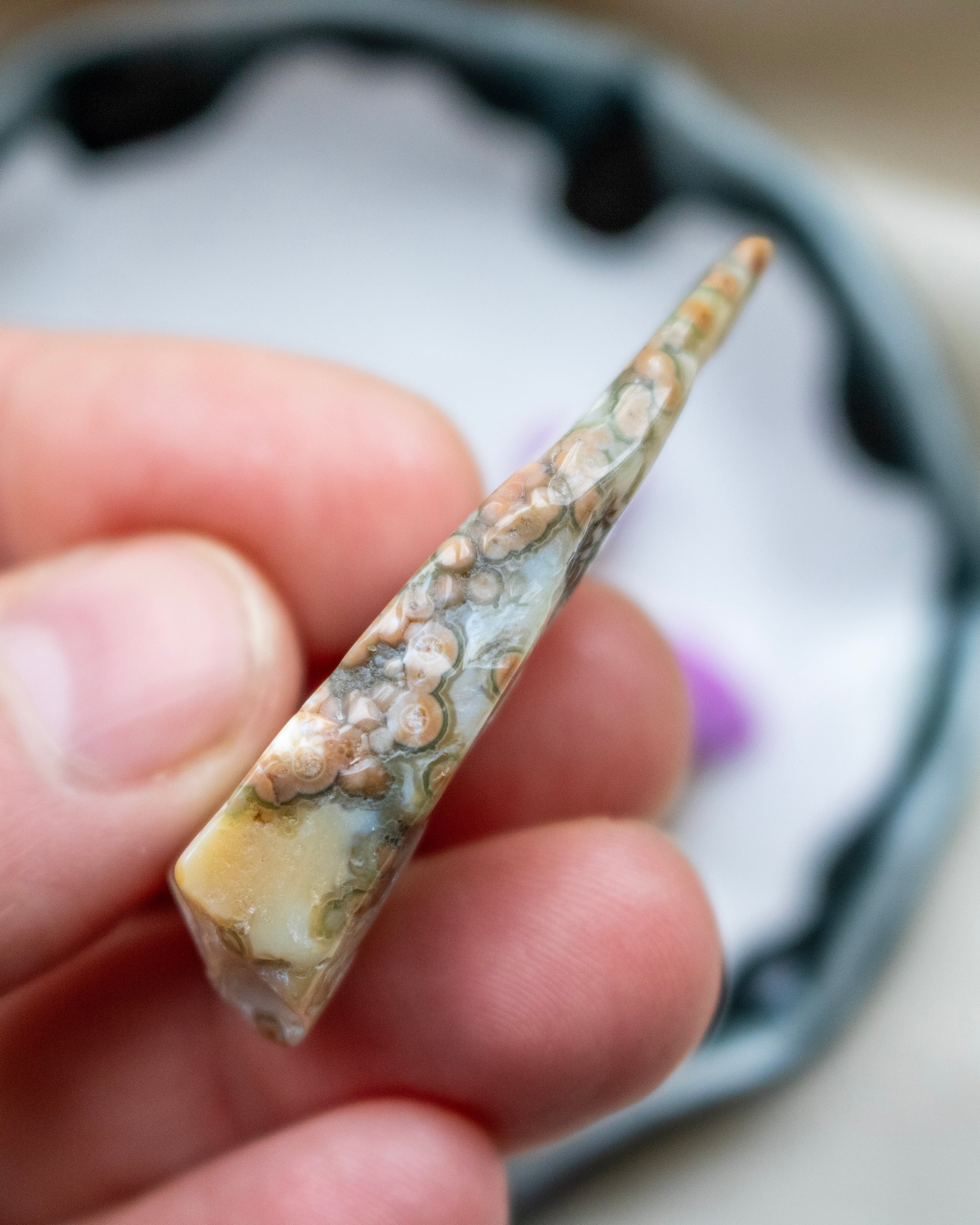 Hand holding a polished stone with a natural pattern against a blurred background