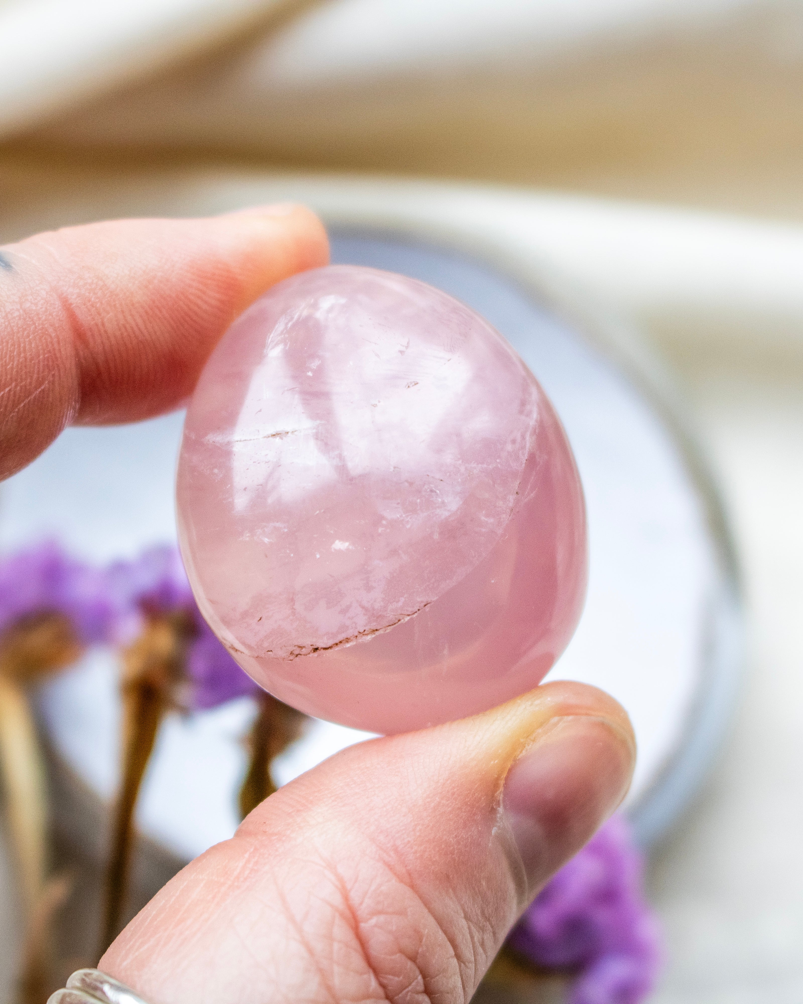 Hand holding a pink crystal ball with blurred purple flowers in the background