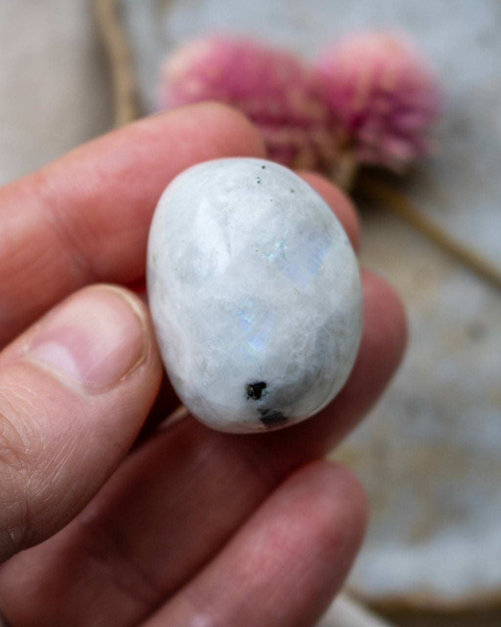 White stone held in a hand with a blurred background
