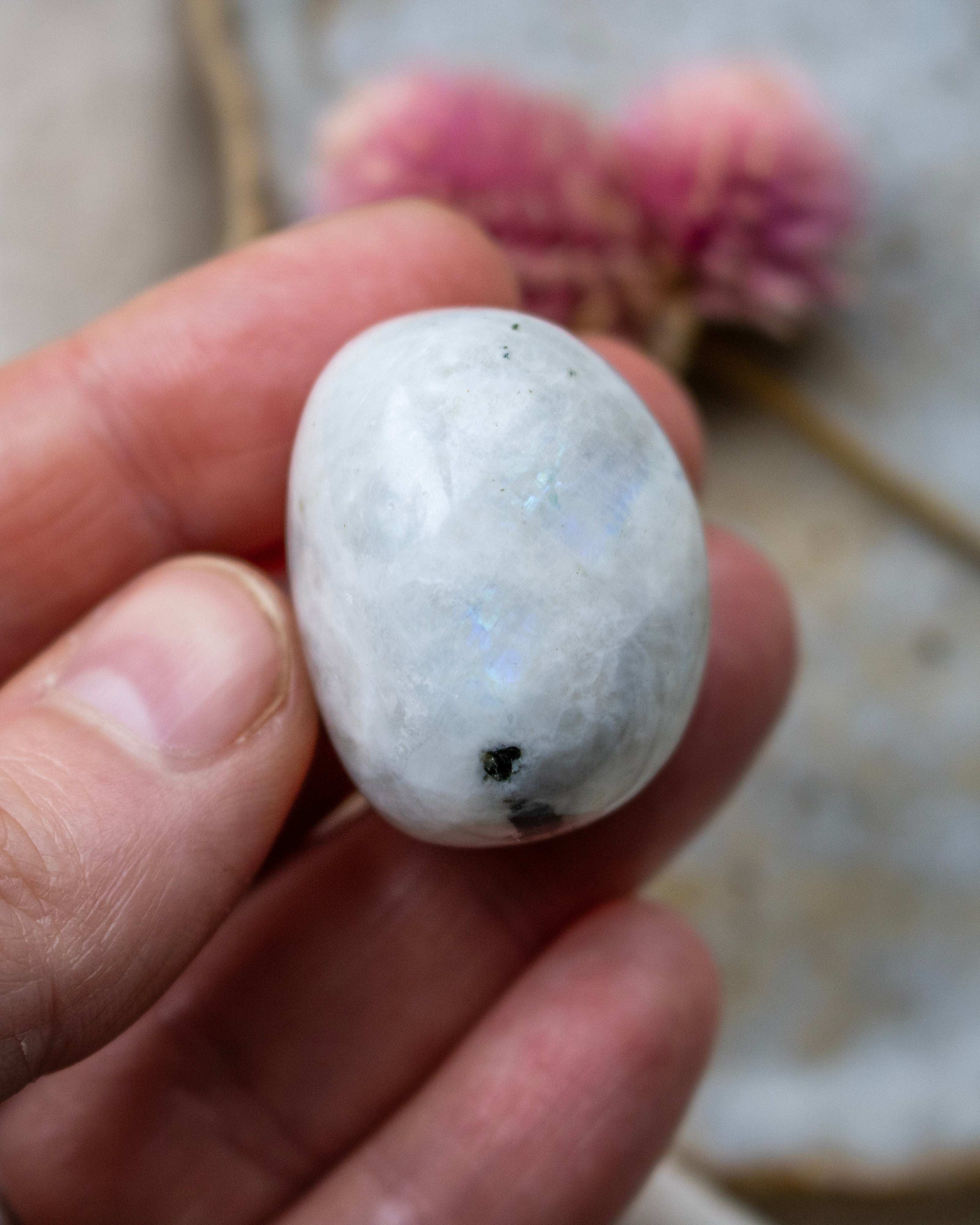 White stone held in a hand with a blurred background