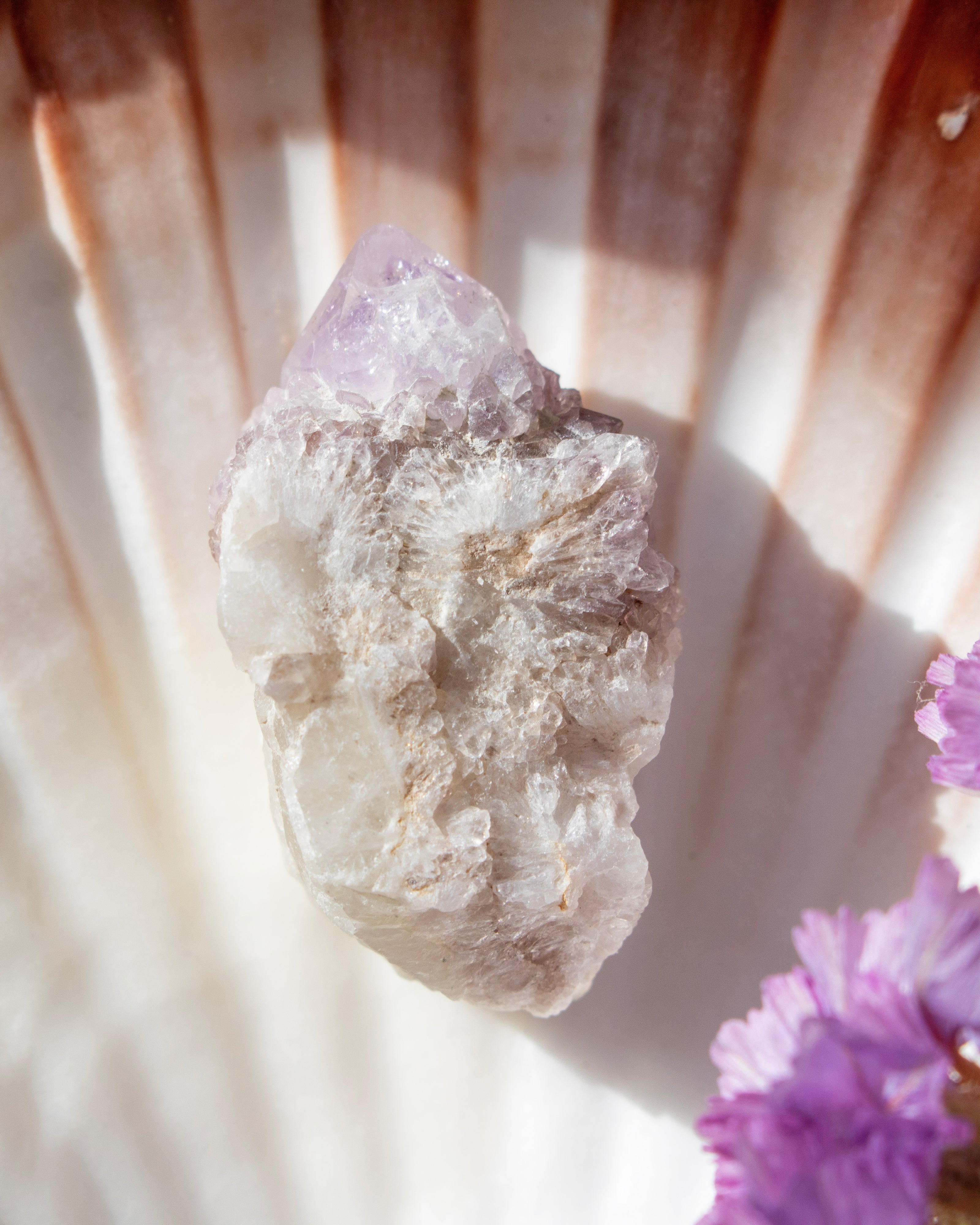 Crystal rock with a purple crystal on top, surrounded by purple flowers, on a textured surface.
