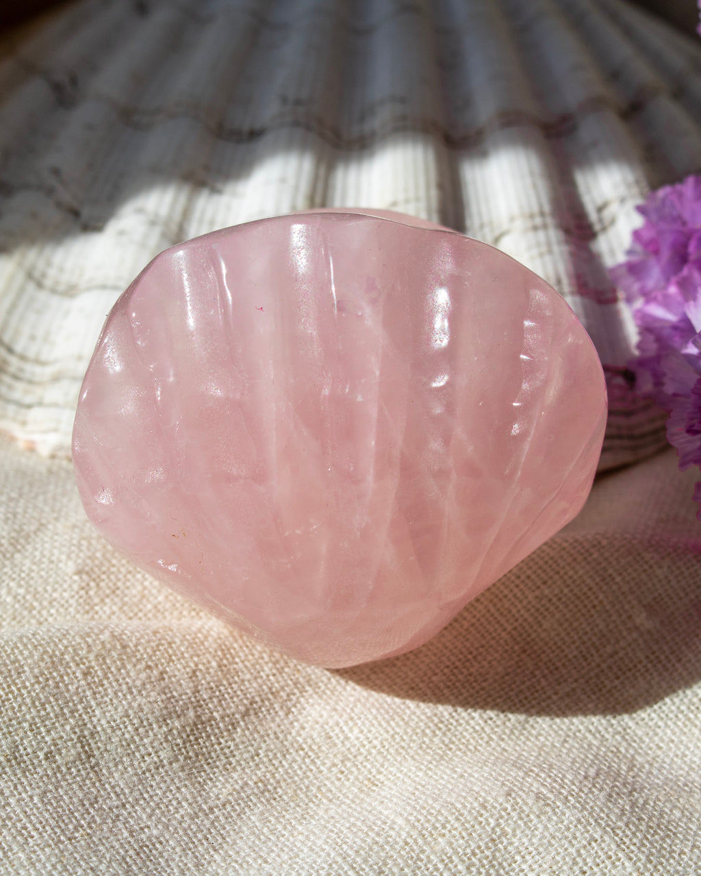 Pink stone in a shell on a textured fabric background