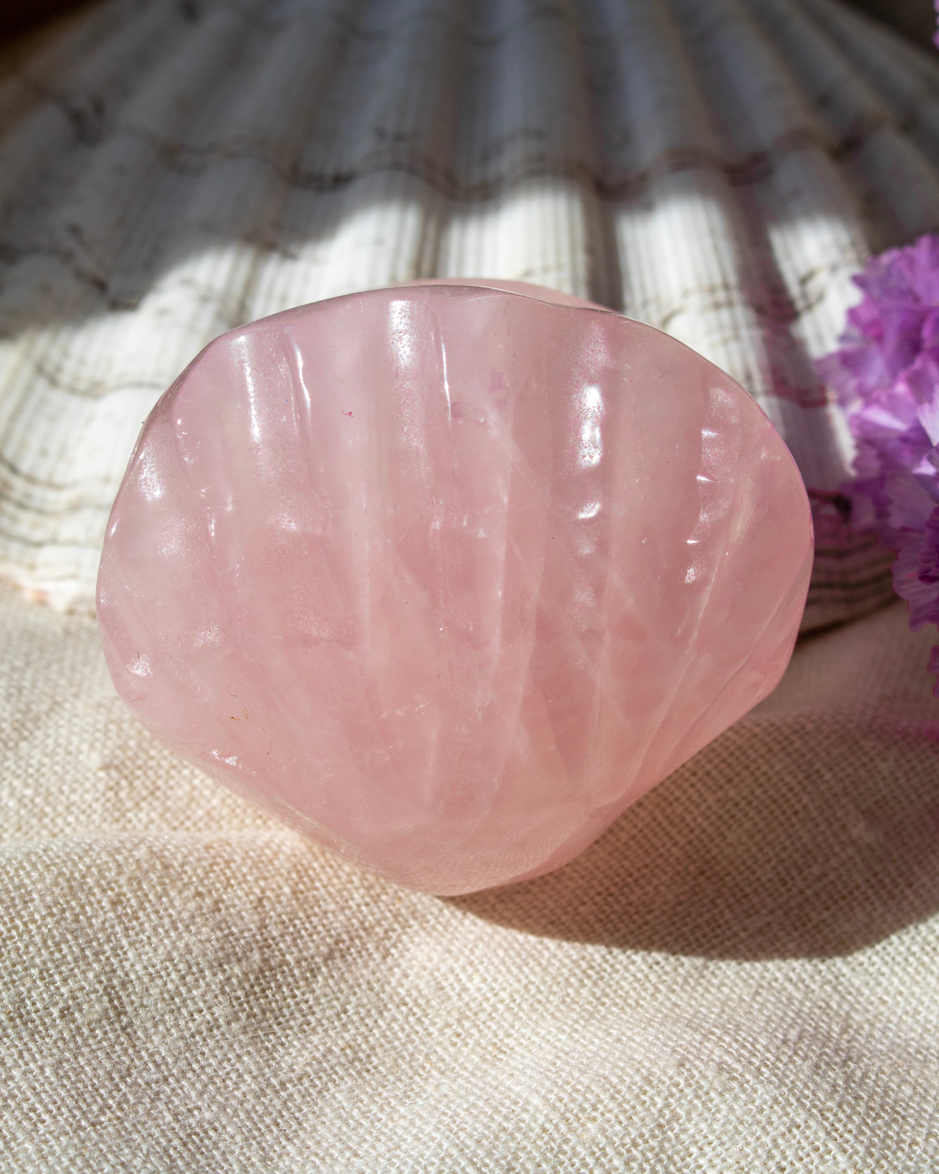 Pink stone in a shell on a textured fabric background