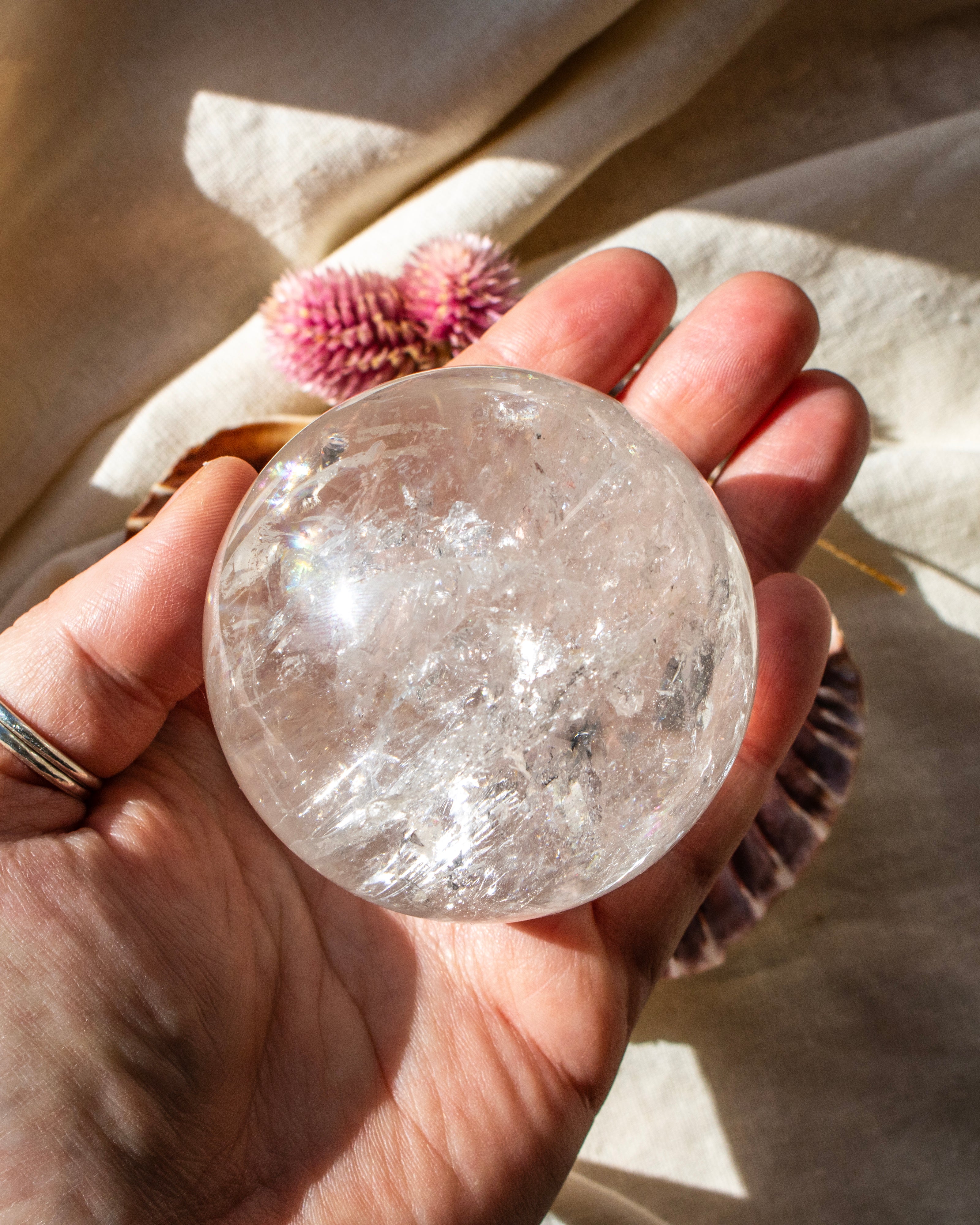 Hand holding a clear crystal ball with a soft, blurred background
