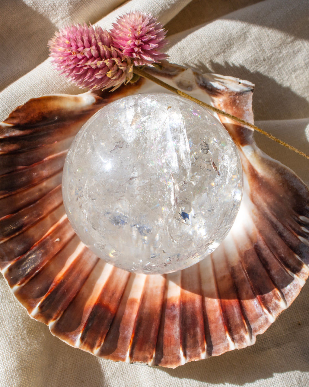 Clear crystal ball on a large shell with pink flowers on a beige fabric background