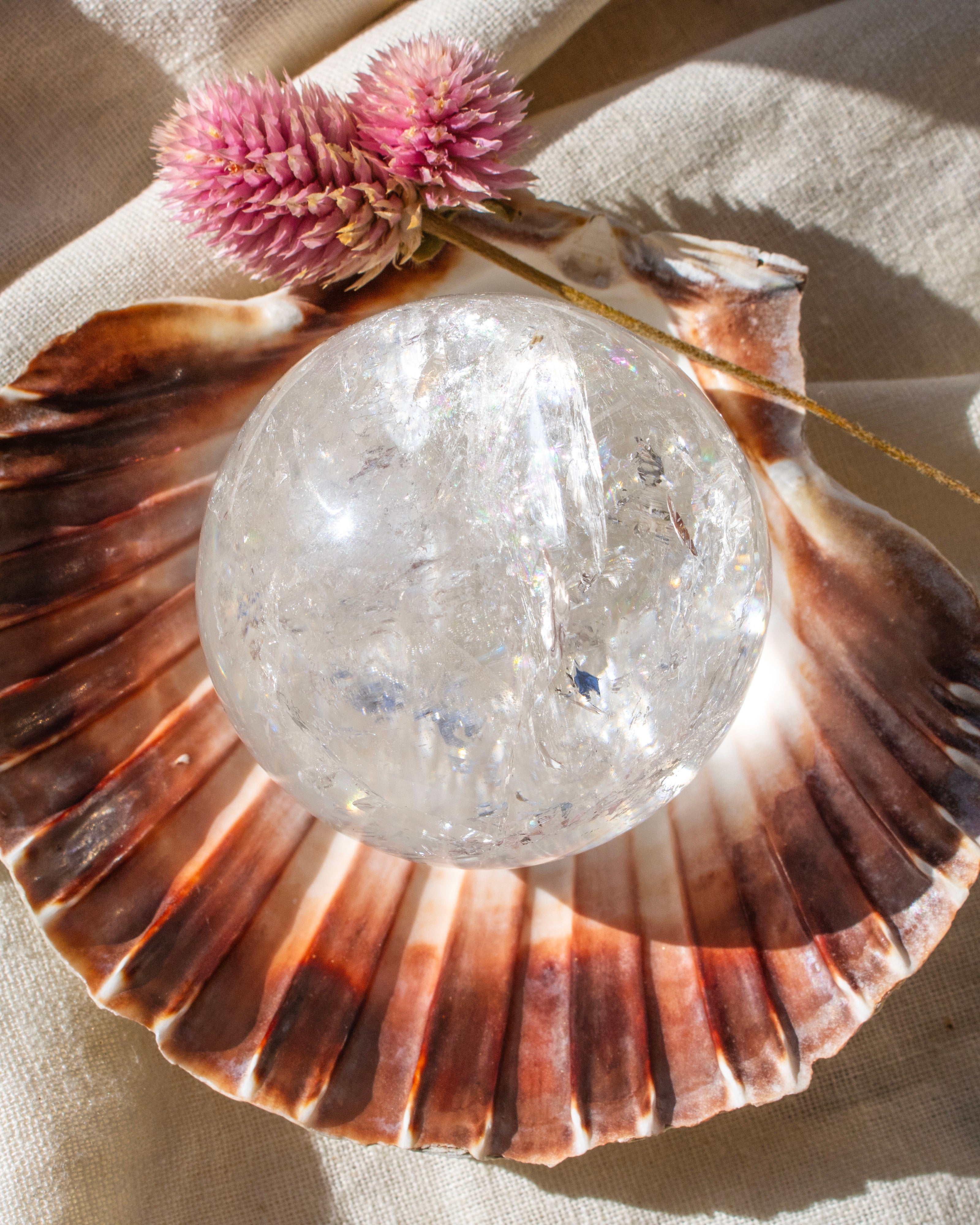 Clear crystal ball on a large shell with pink flowers on a beige fabric background