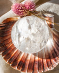 Crystal ball on a large shell with pink flowers on a beige background