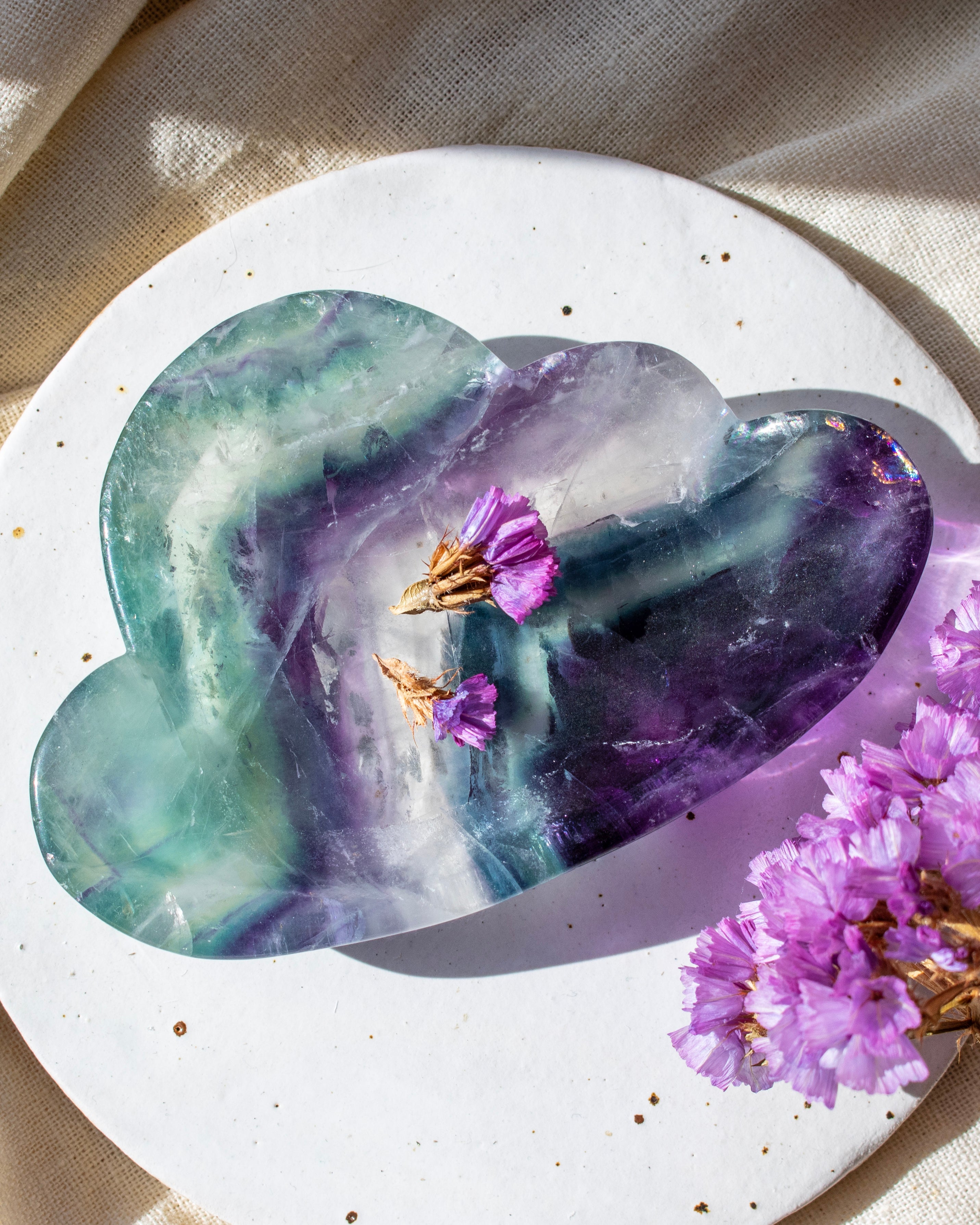 green and purple stone cloud with purple flowers