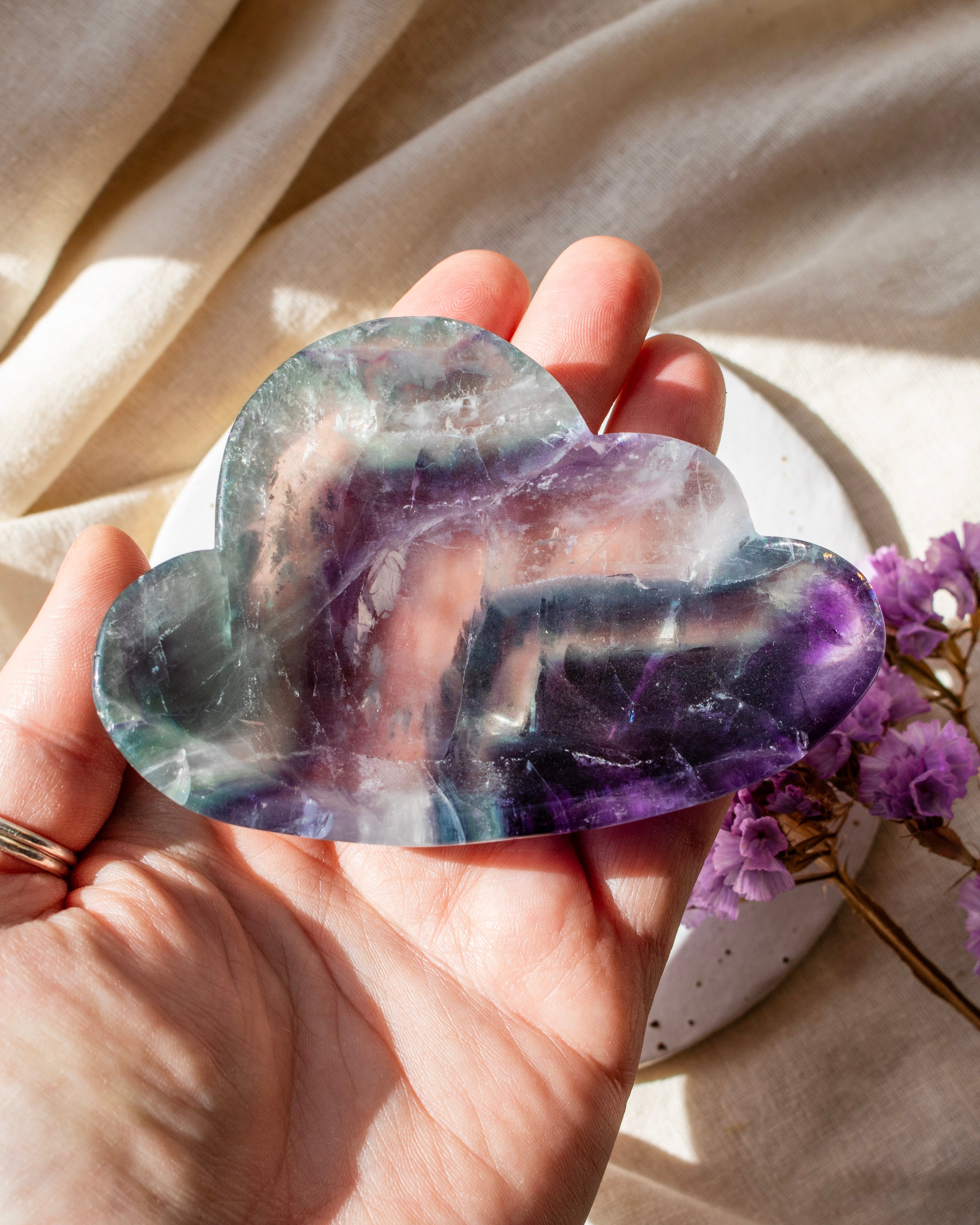green and purple stone cloud with purple flowers