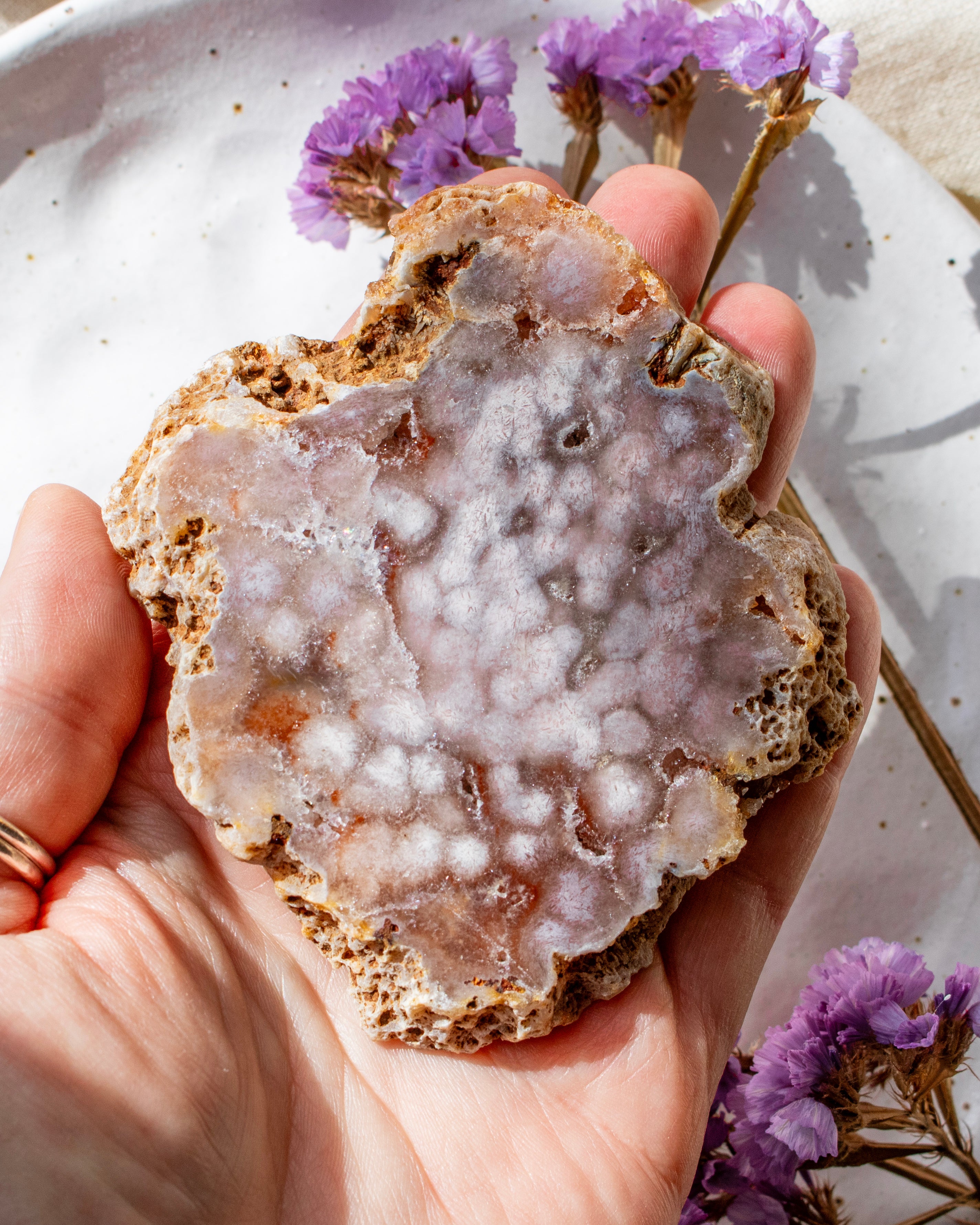Hand holding a geode crystal with purple flowers in the background