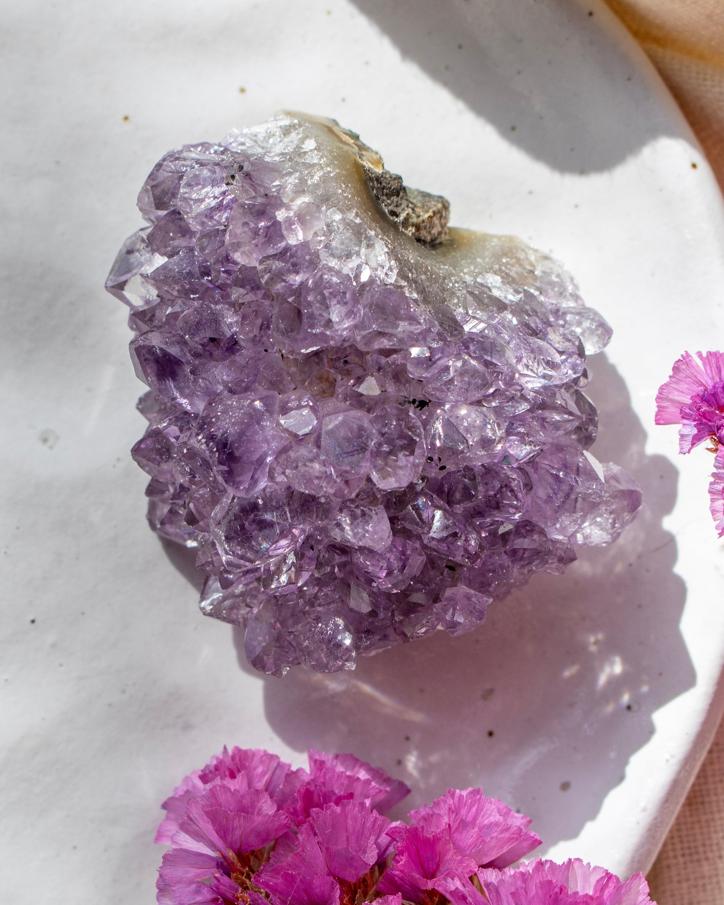 Amethyst crystal cluster on a white surface with pink flowers