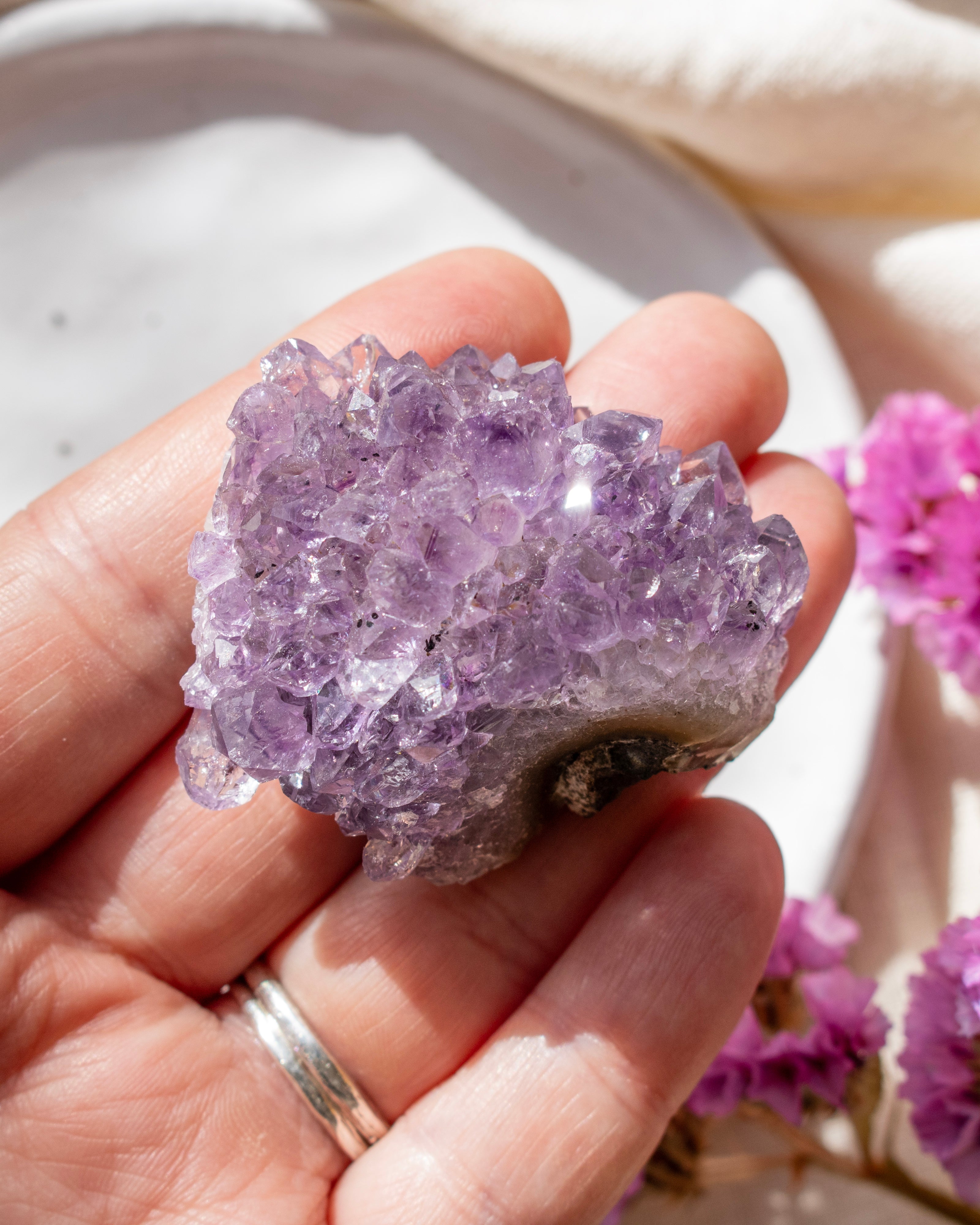 Hand holding a large amethyst crystal with blurred pink flowers in the background
