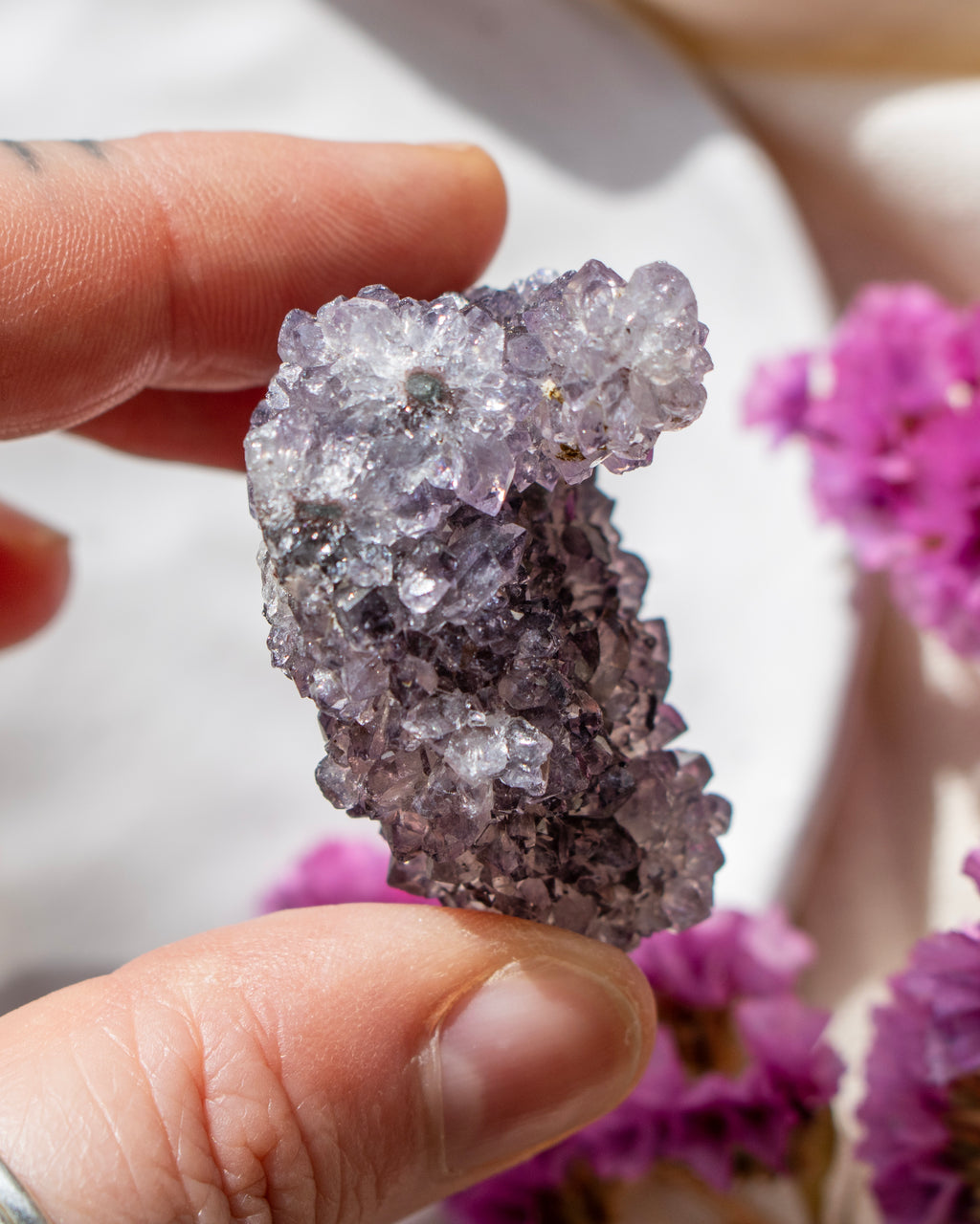Hand holding a purple crystal with pink flowers in the background