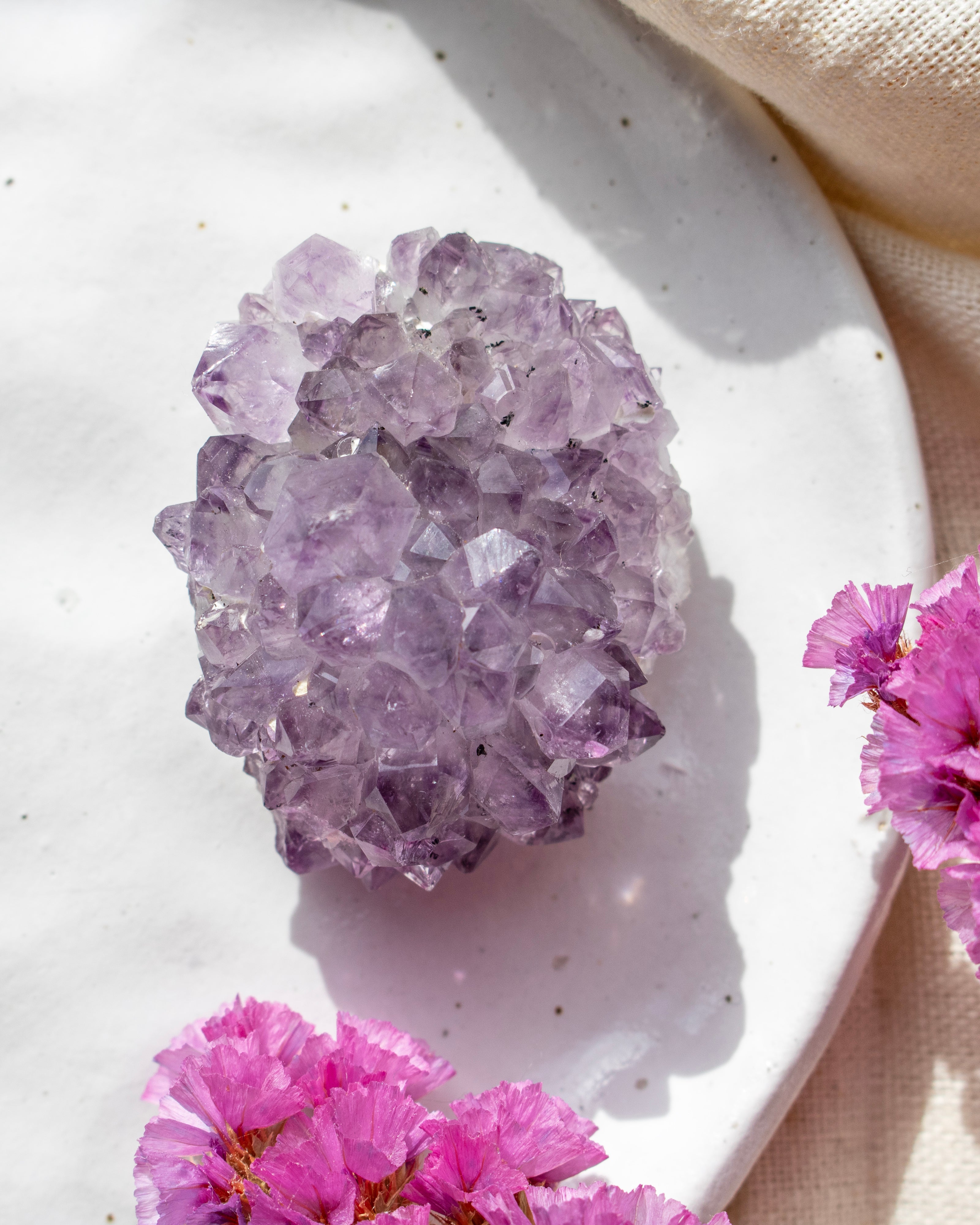 Amethyst crystal cluster on a white plate with pink flowers