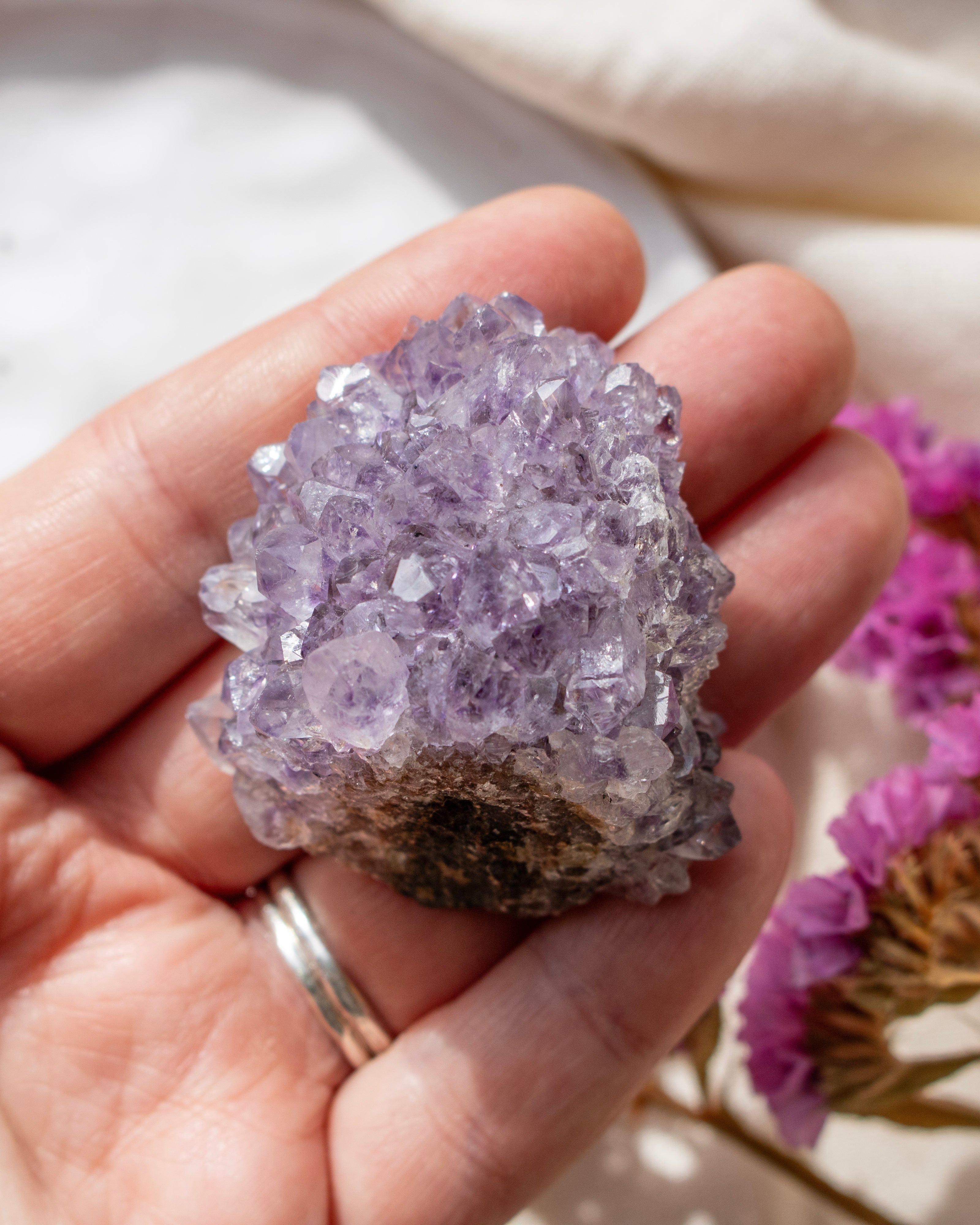 Hand holding a purple crystal with pink flowers in the background