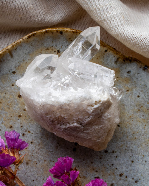 Crystal formation on a textured surface with purple flowers