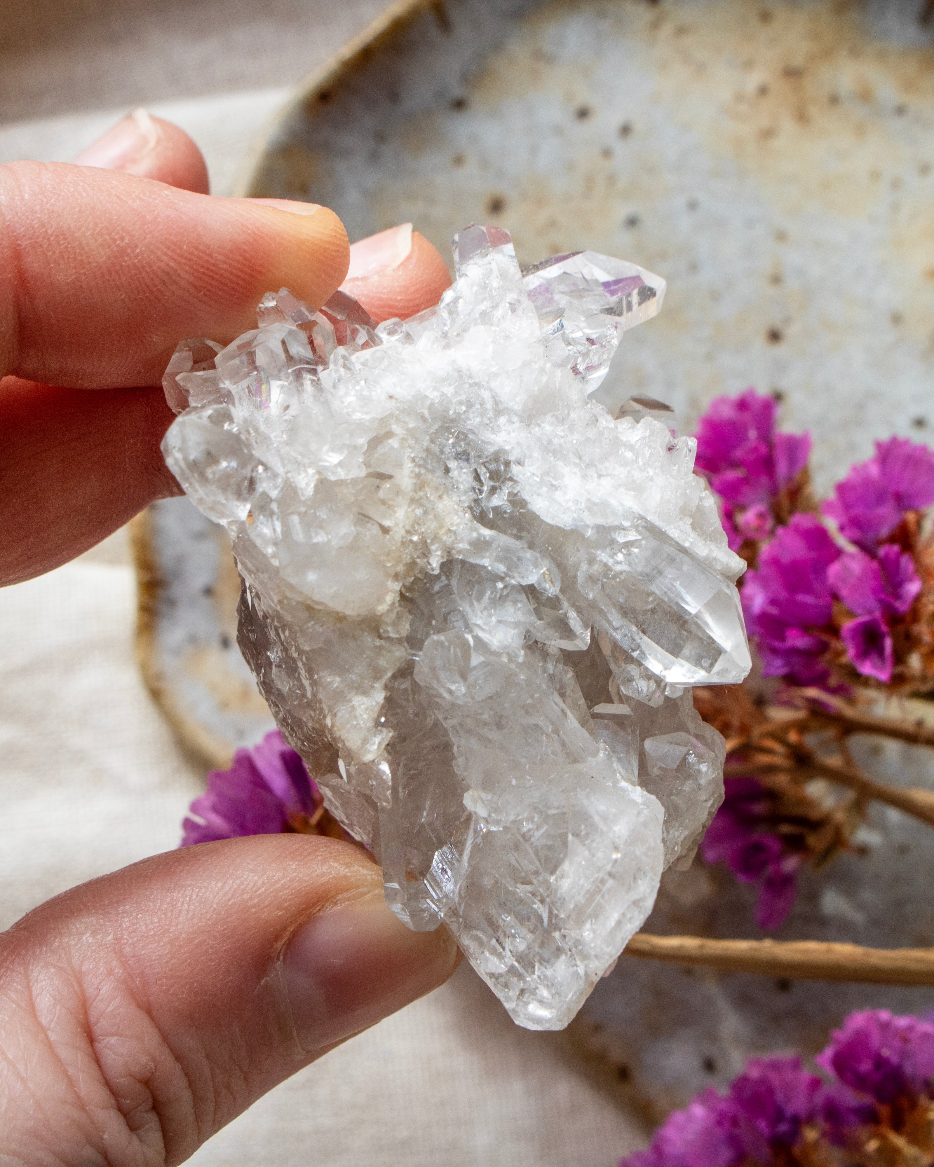 Hand holding a clear crystal rock with pink flowers in the background