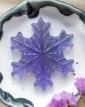 a purple snowflake decorative stone on a white and navy blue ceramic dish