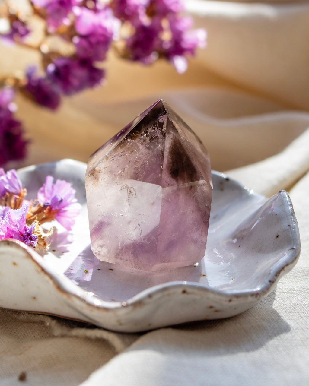 Amethyst crystal on a shell with purple flowers in the background