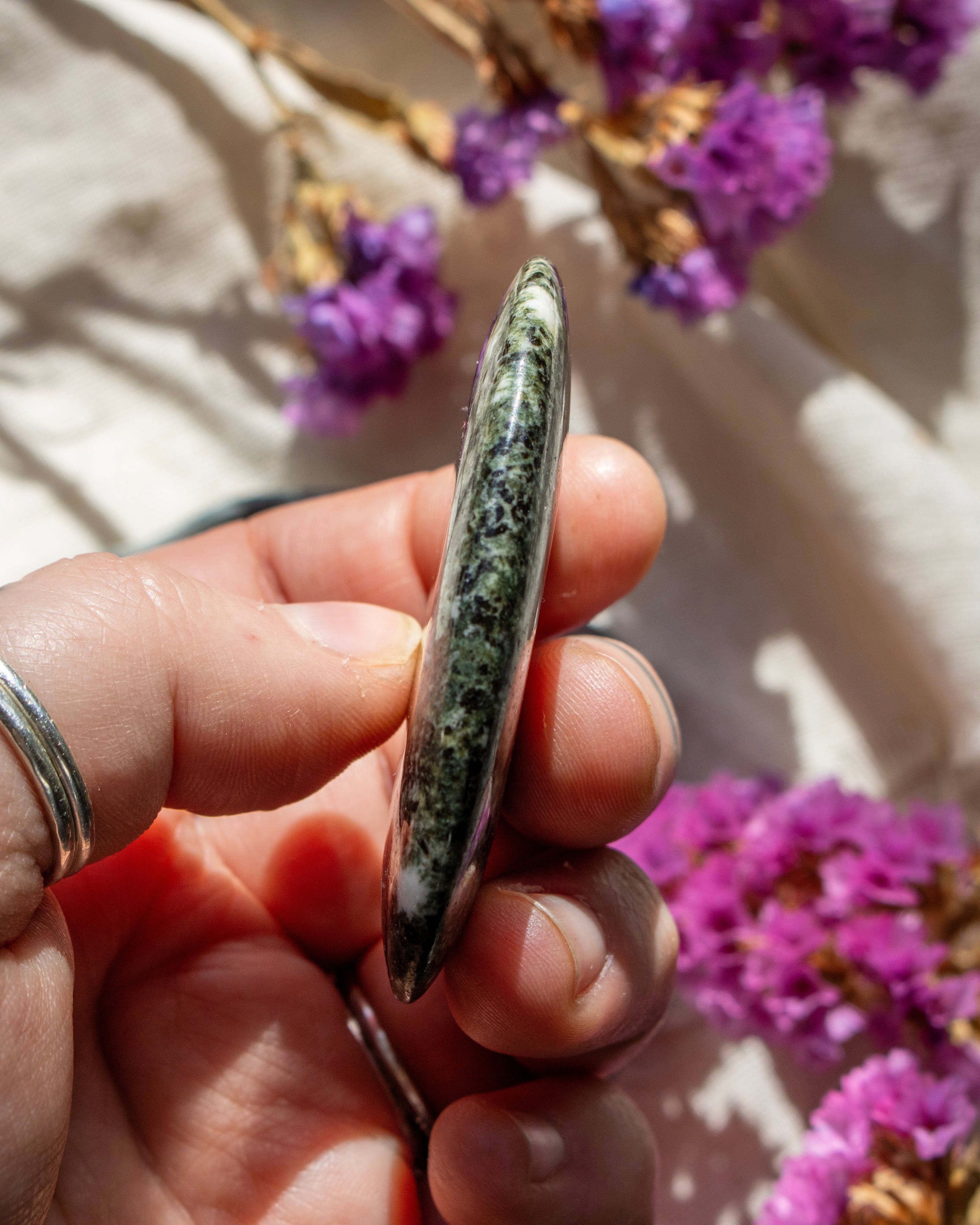 Hand holding a greenish stone with purple flowers in the background