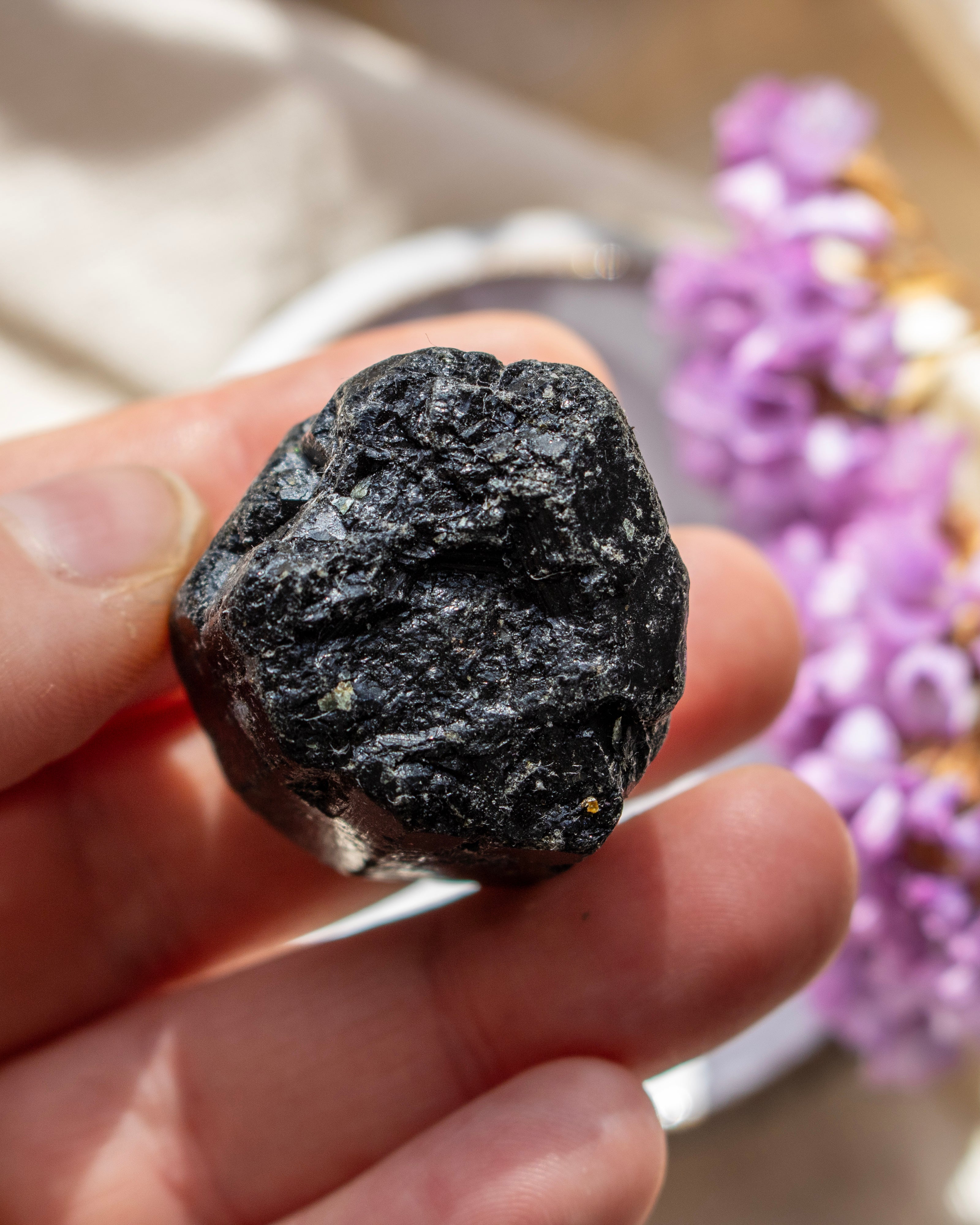 Hand holding a dark stone with blurred purple flowers in the background