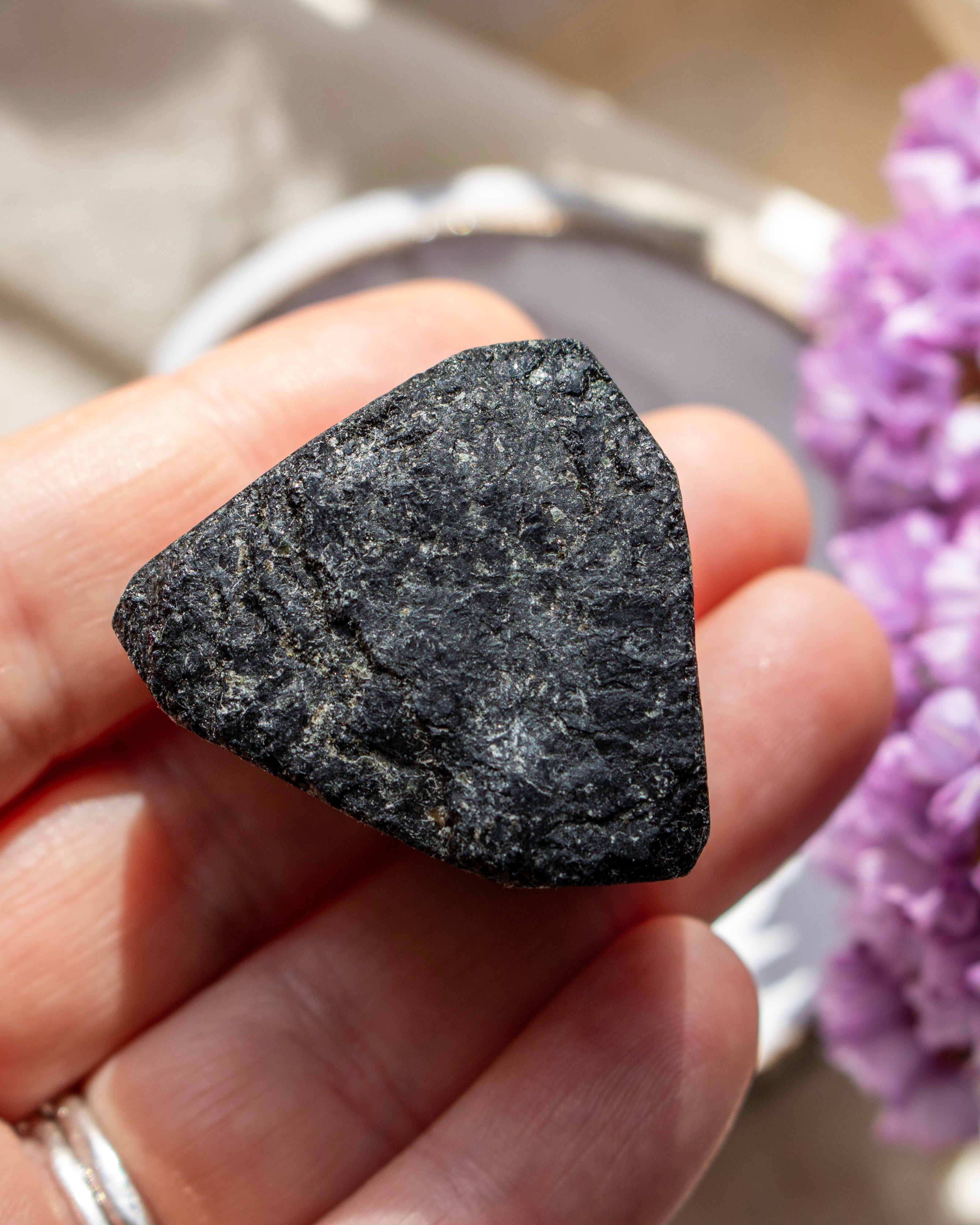 Hand holding a dark gray mineral crystal with blurred purple flowers in the background