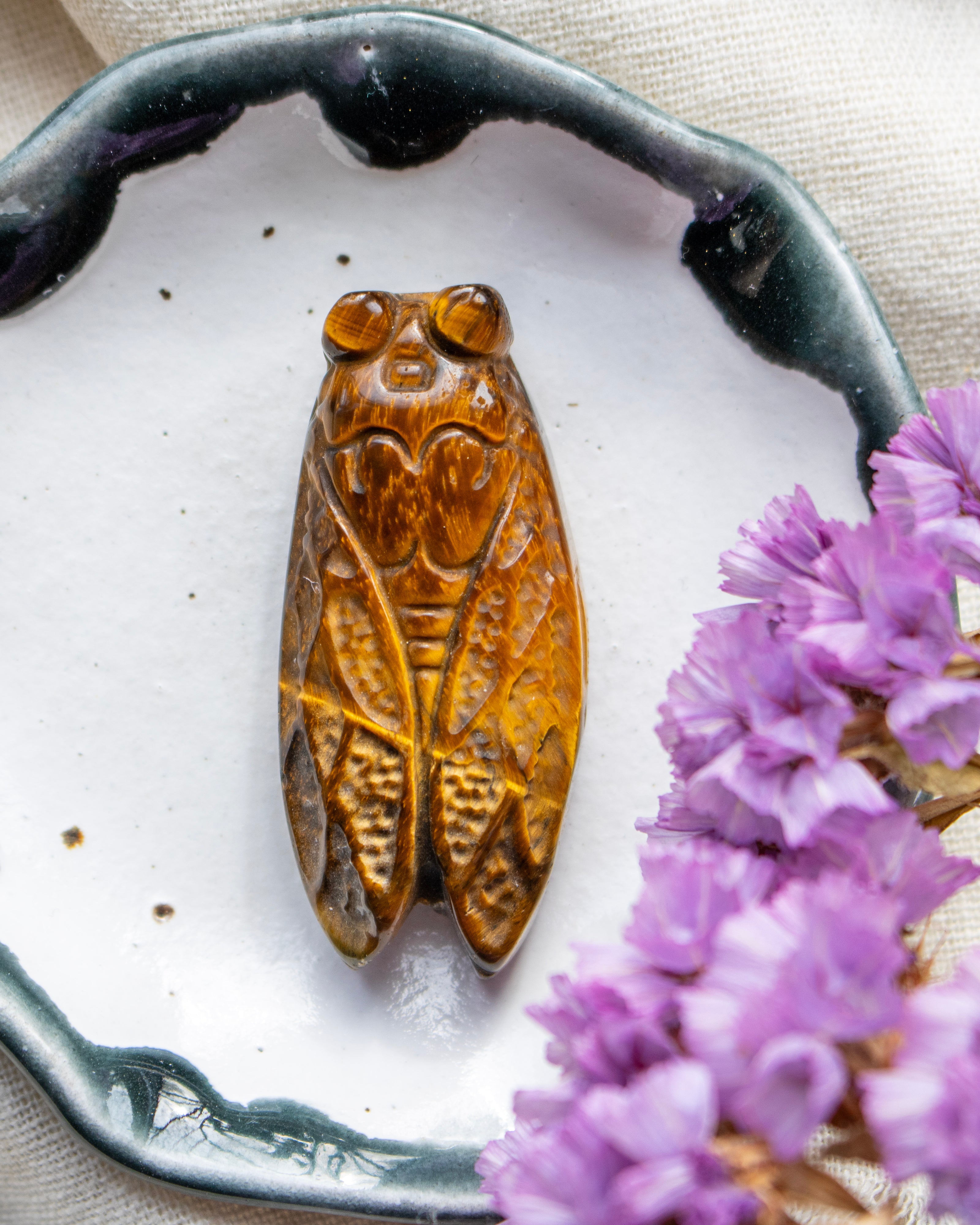 Decorative cicada ornament on a white surface with purple flowers