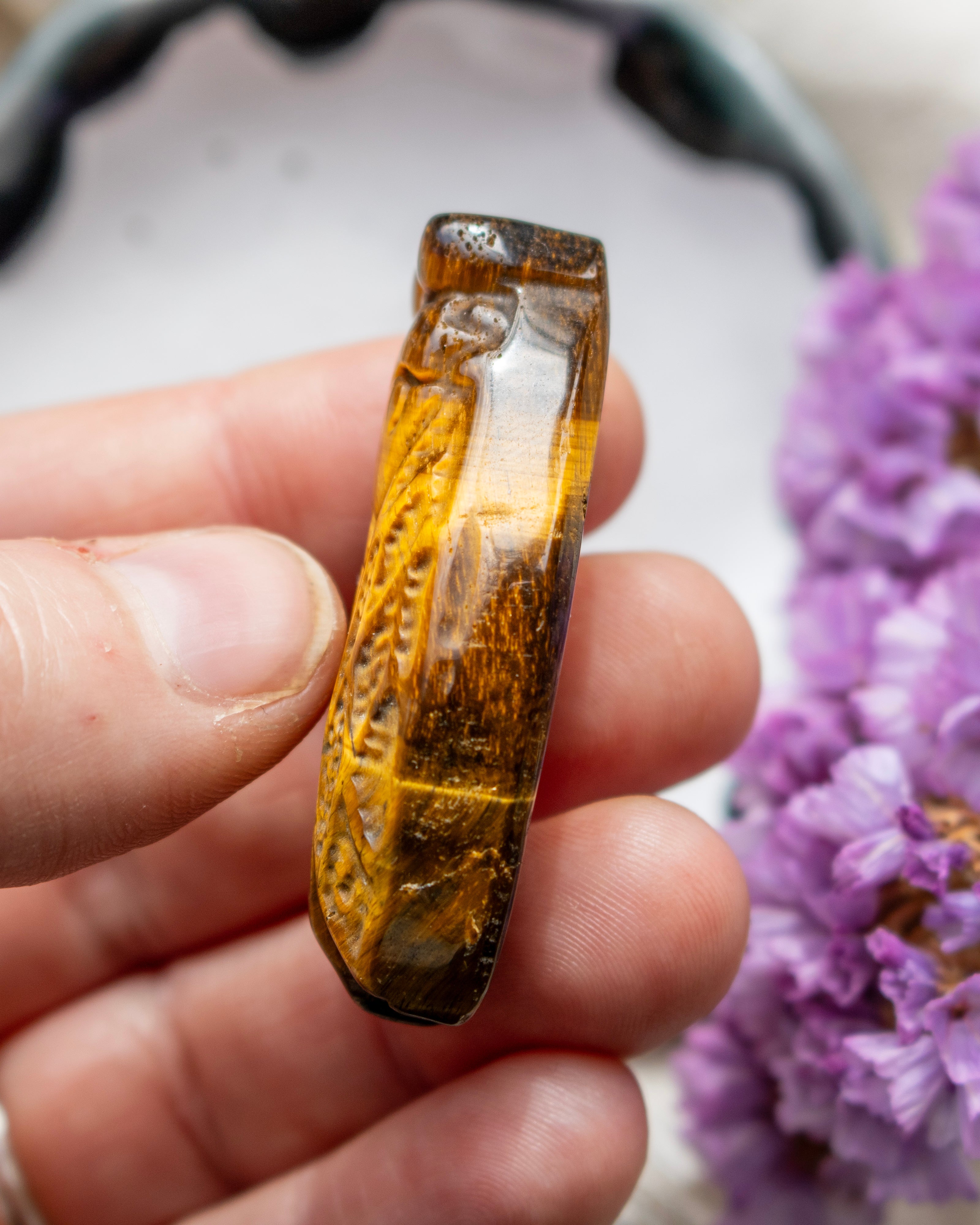 Hand holding a tiger's eye crystal with purple flowers in the background