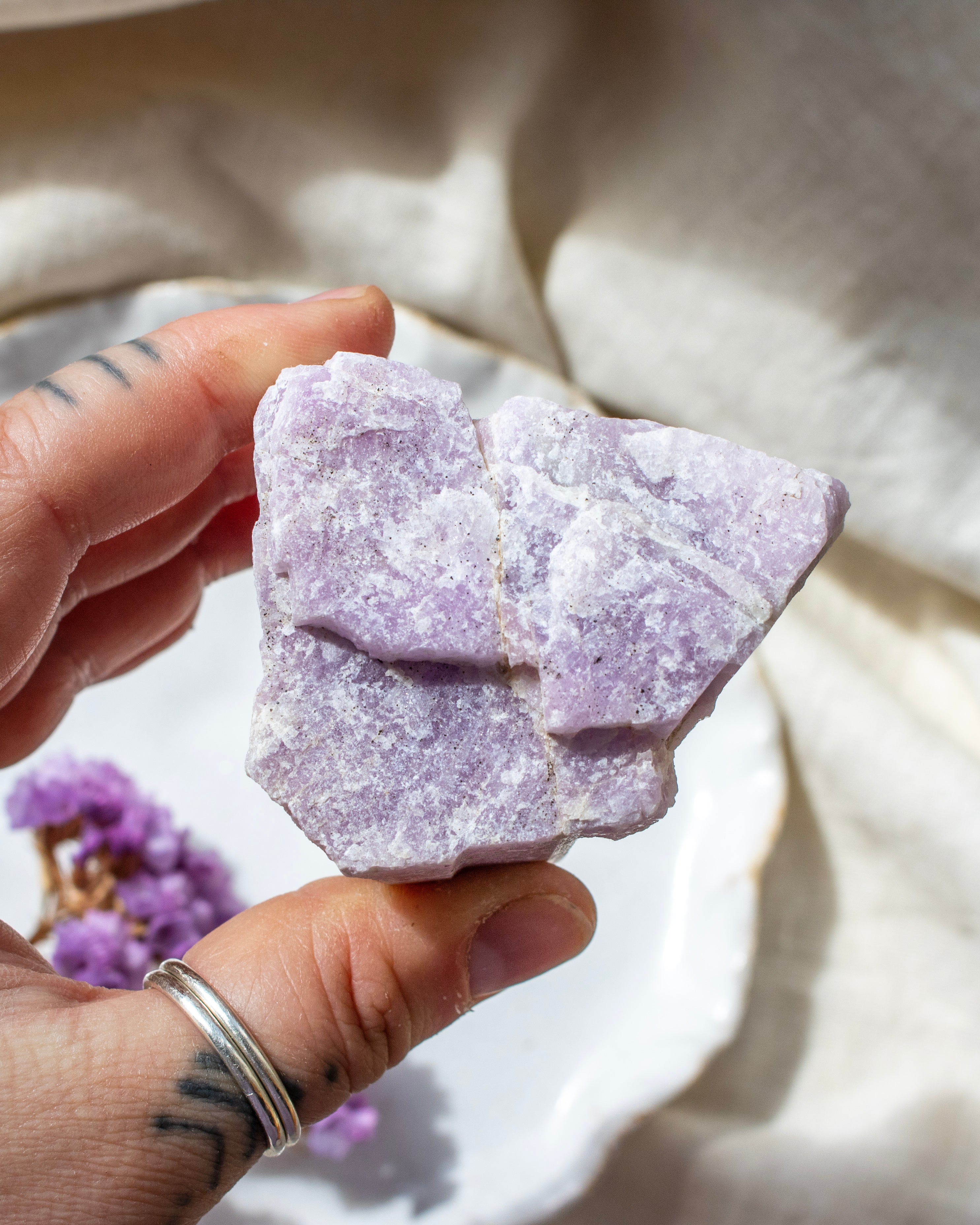 Hand holding a purple crystal with a blurred natural background