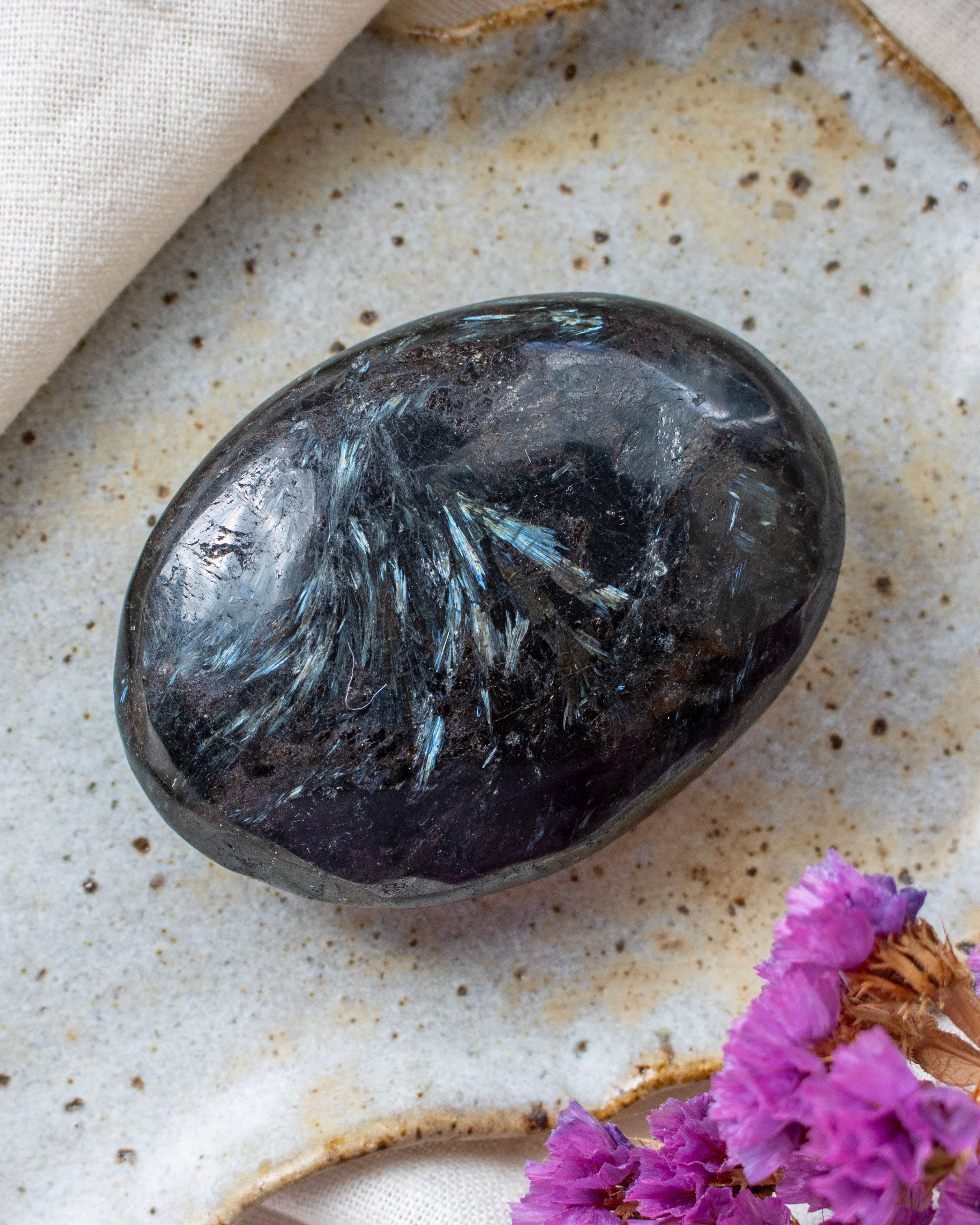 Black stone with feather-like patterns on a textured surface with purple flowers