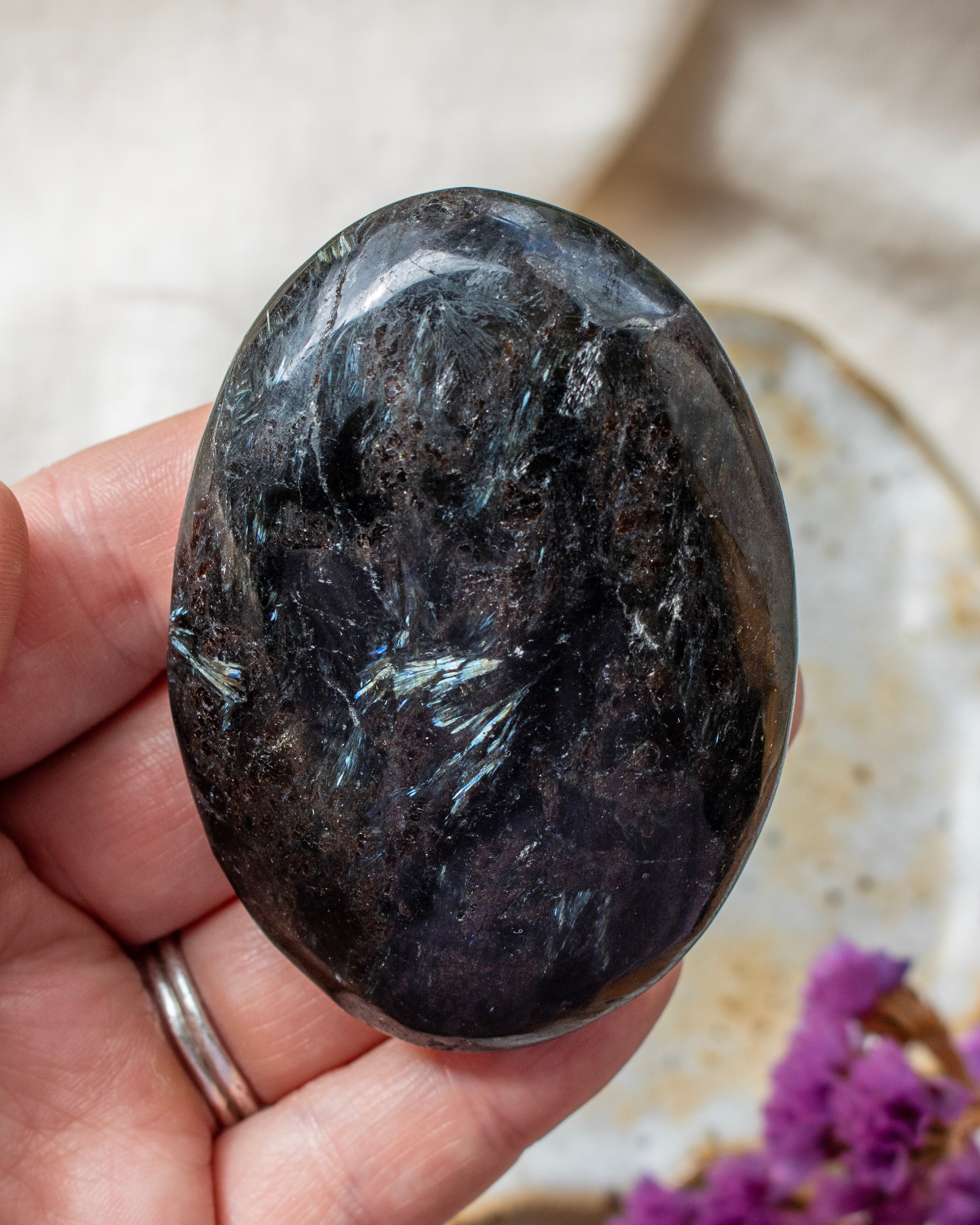 Oval-shaped black stone held in a hand with a blurred background