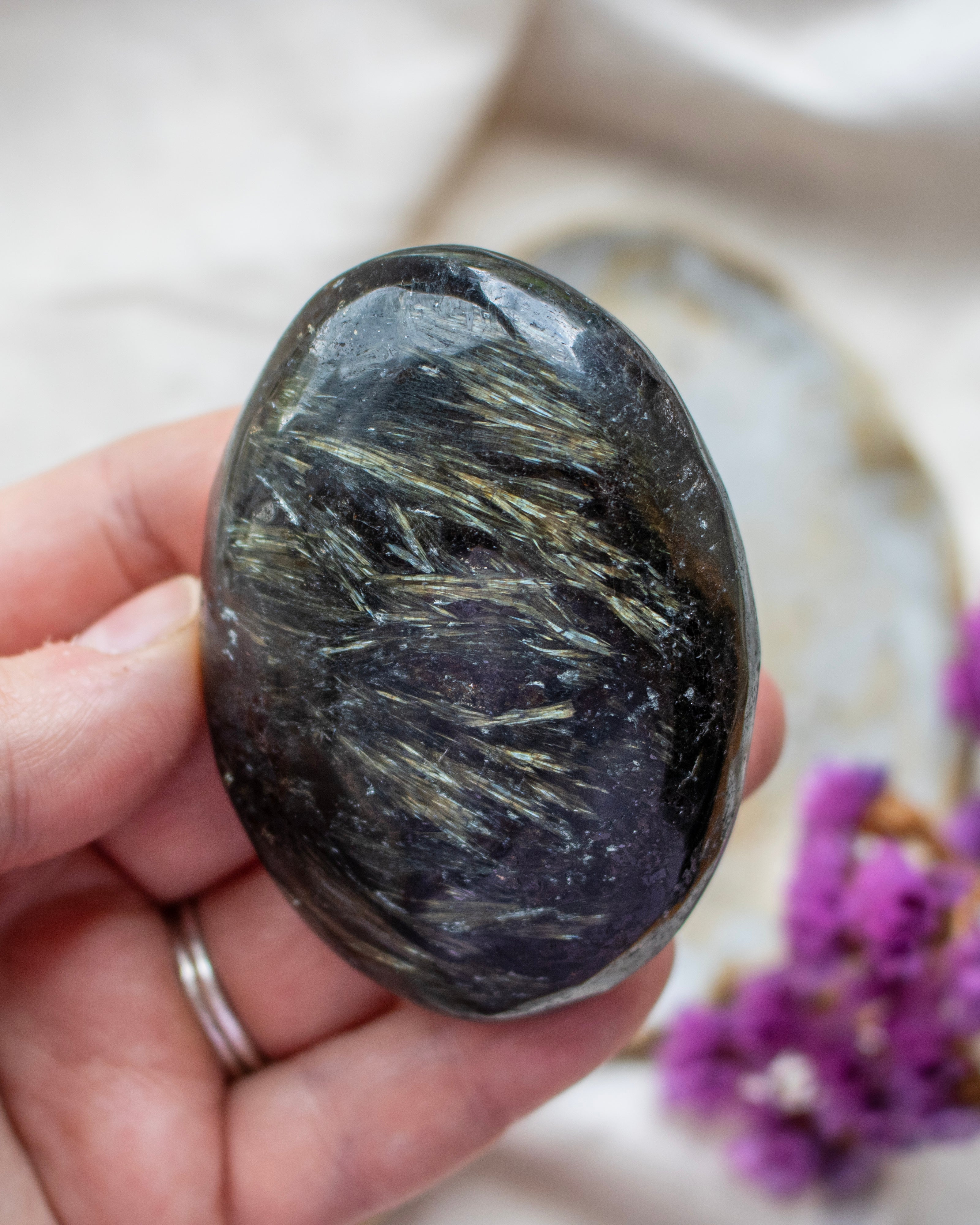 Oval-shaped black stone with crystal-like inclusions held in a hand, with a blurred background.