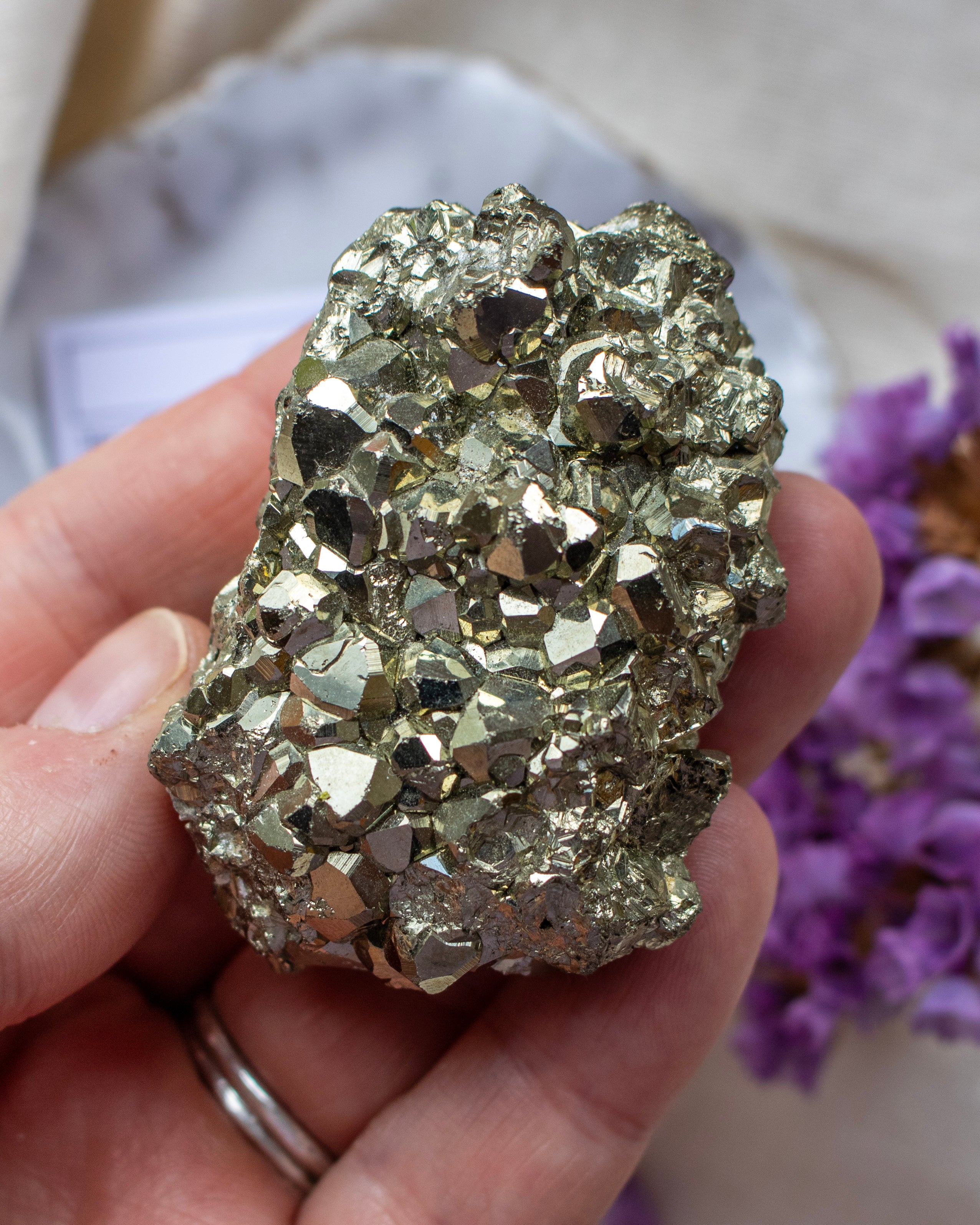 Hand holding a large pyrite crystal with purple flowers in the background