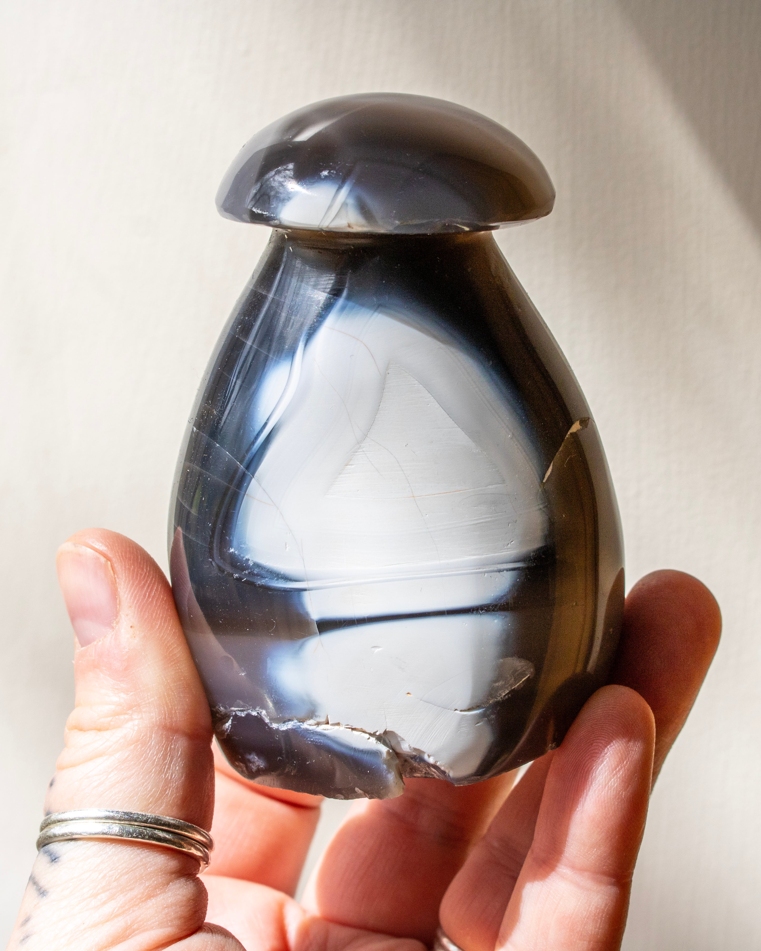 Hand holding a polished stone with a reflective surface against a neutral background
