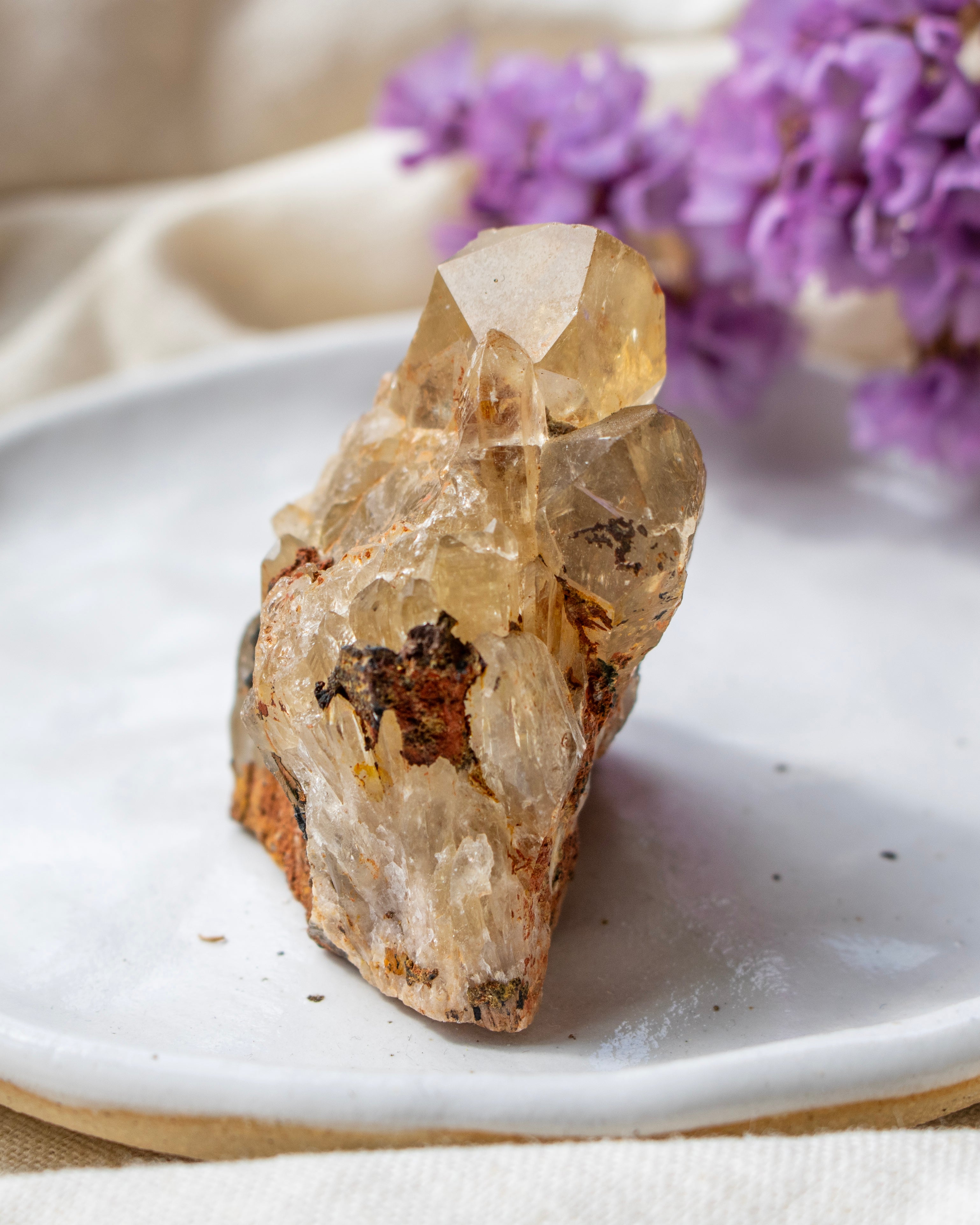 Crystal on a white plate with purple flowers in the background