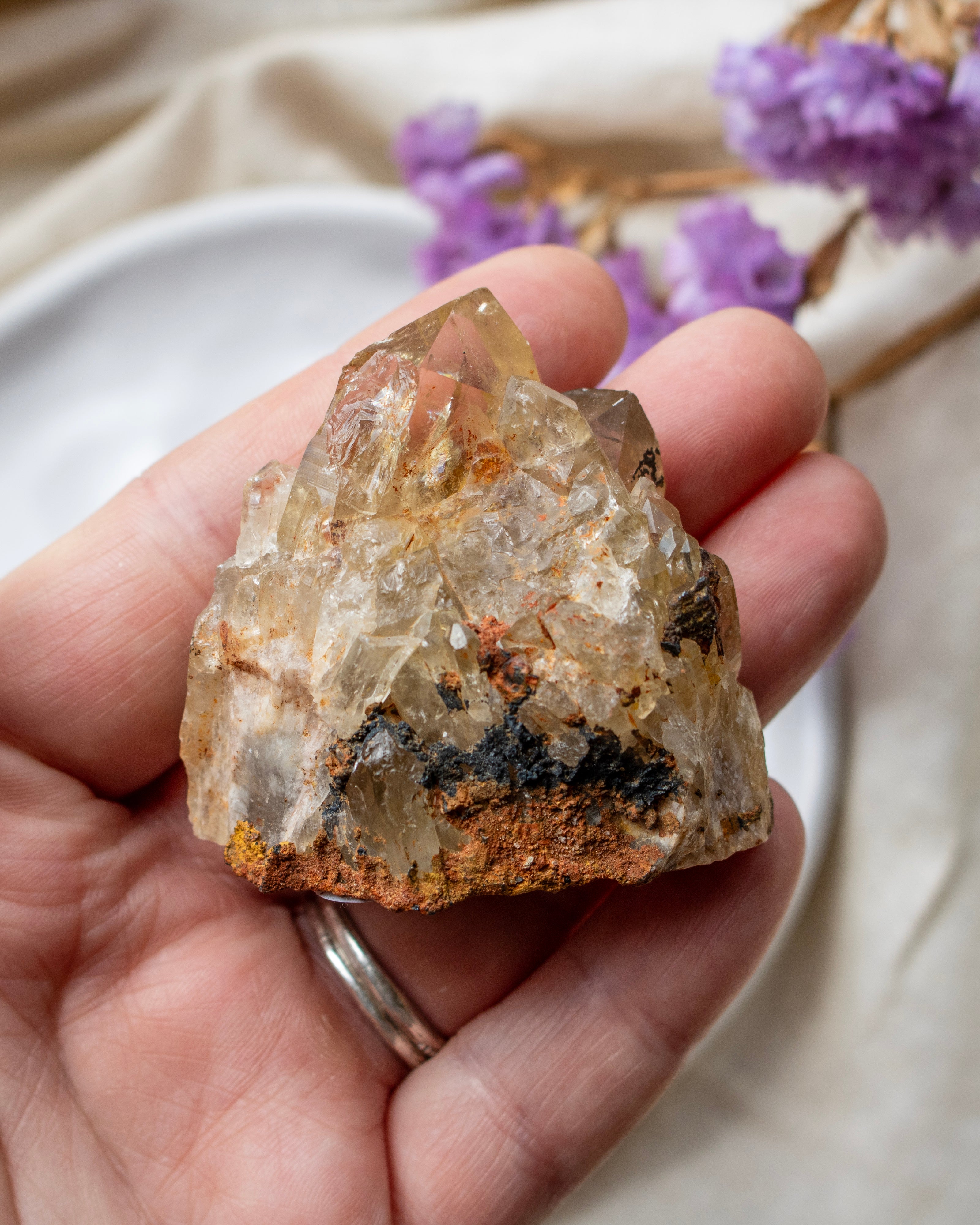 Hand holding a crystal rock with purple flowers in the background