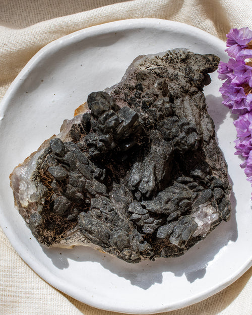 Mineral specimen on a white plate with purple flowers