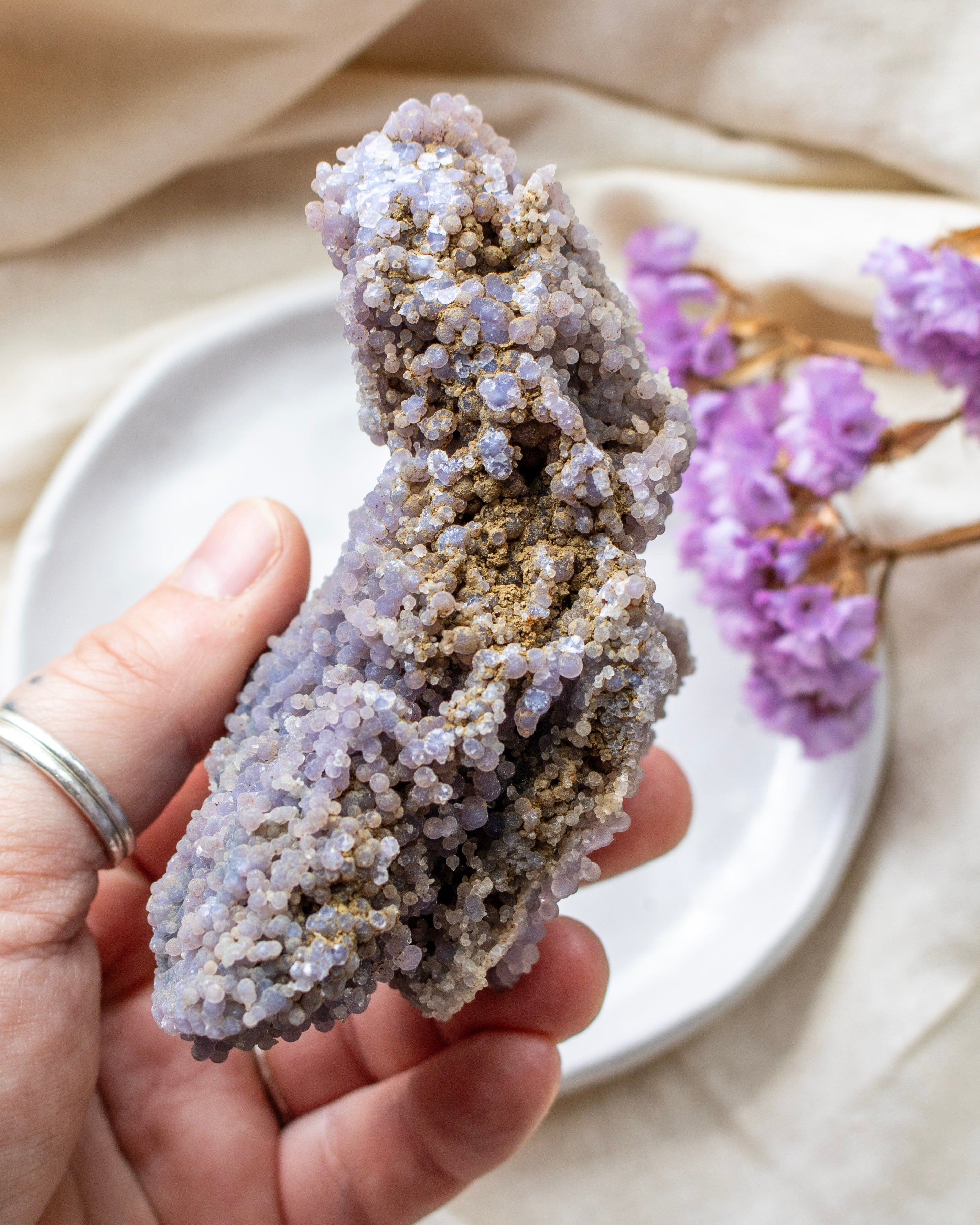 Person holding a crystal rock with purple flowers in the background