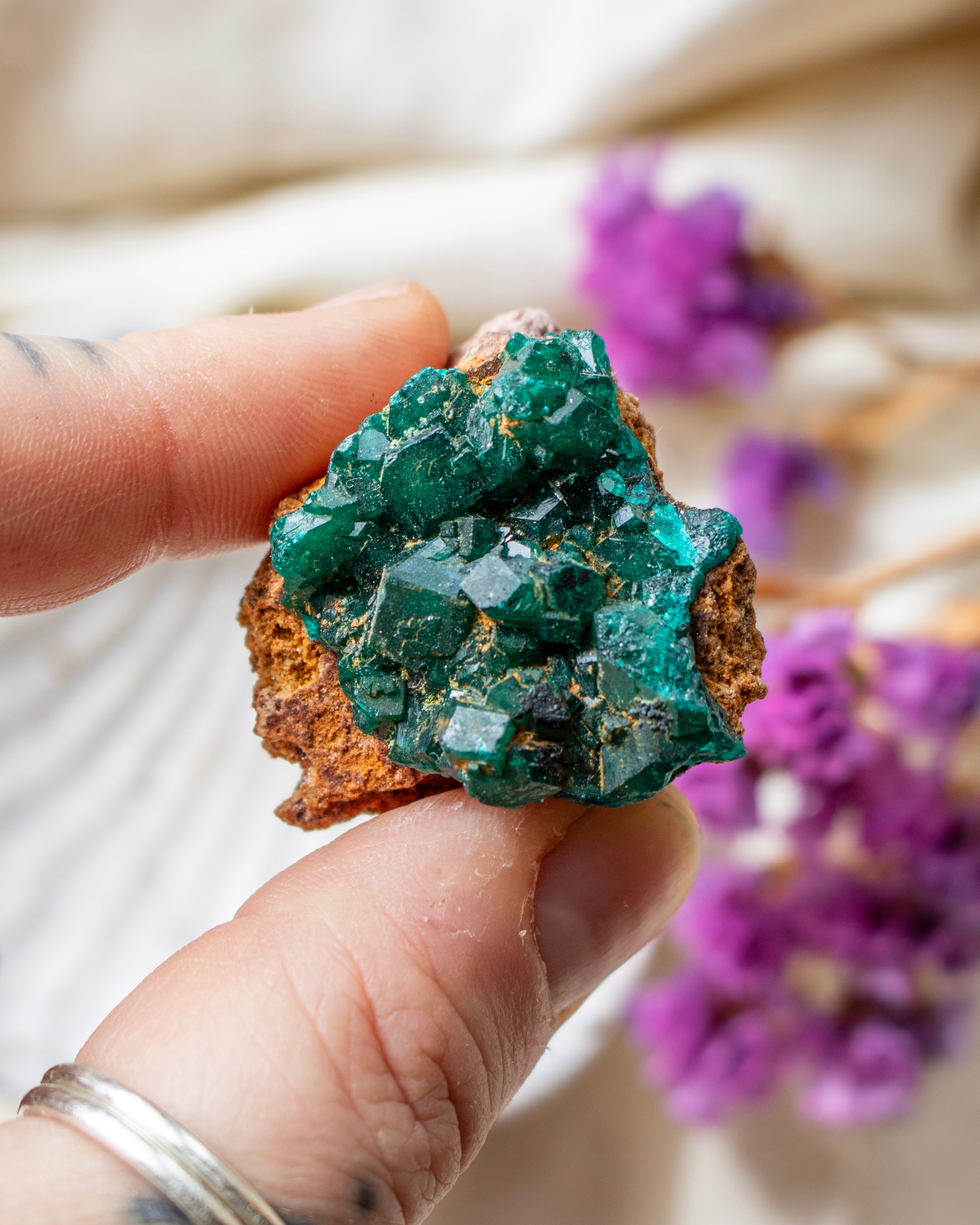 Hand holding a green crystal cluster with blurred purple flowers in the background