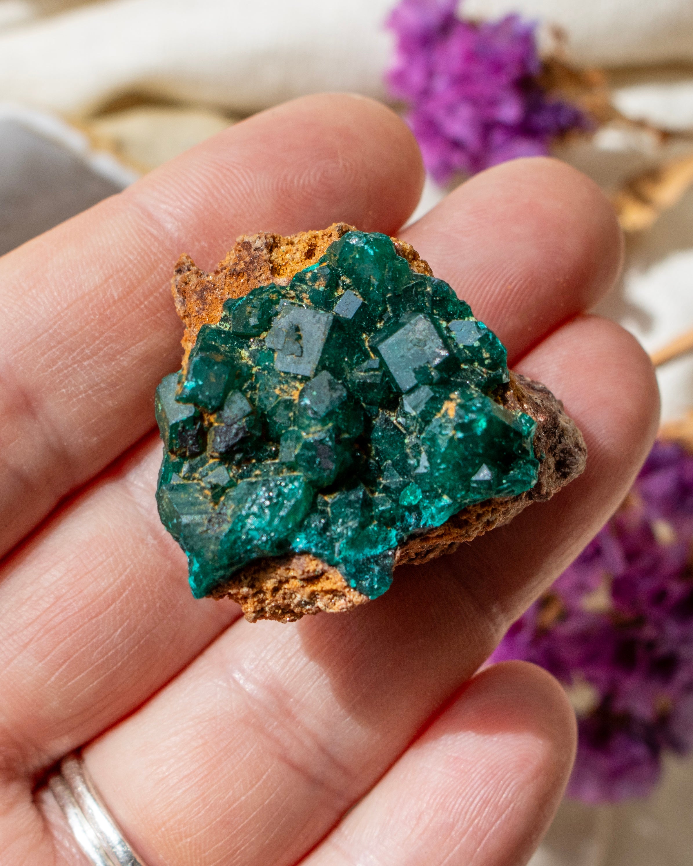 Hand holding a piece of green crystal rock with blurred purple flowers in the background