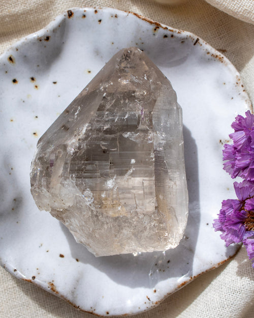 Crystal on a white ceramic plate with purple flowers